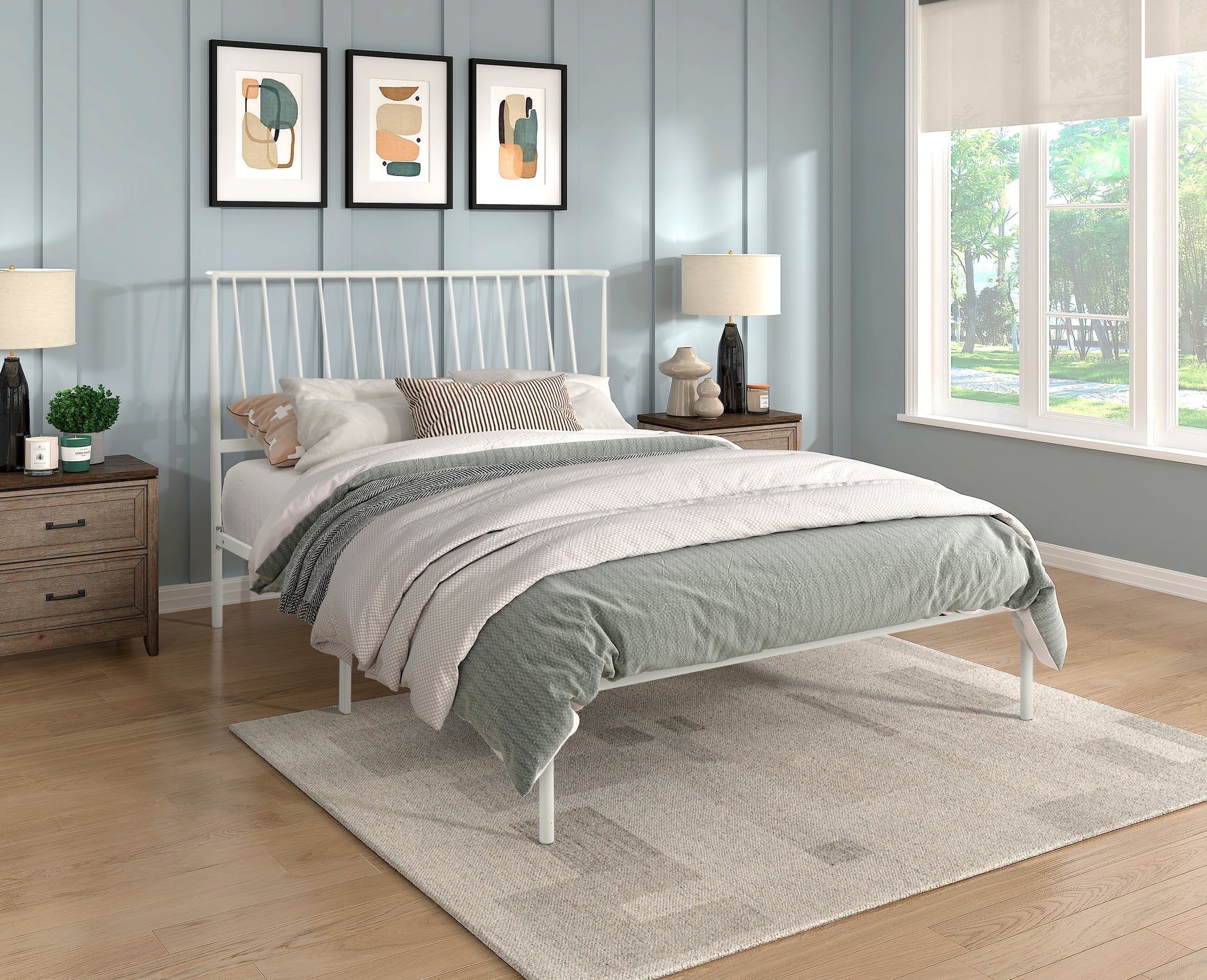 White metal spindle bed frame with minimalist design