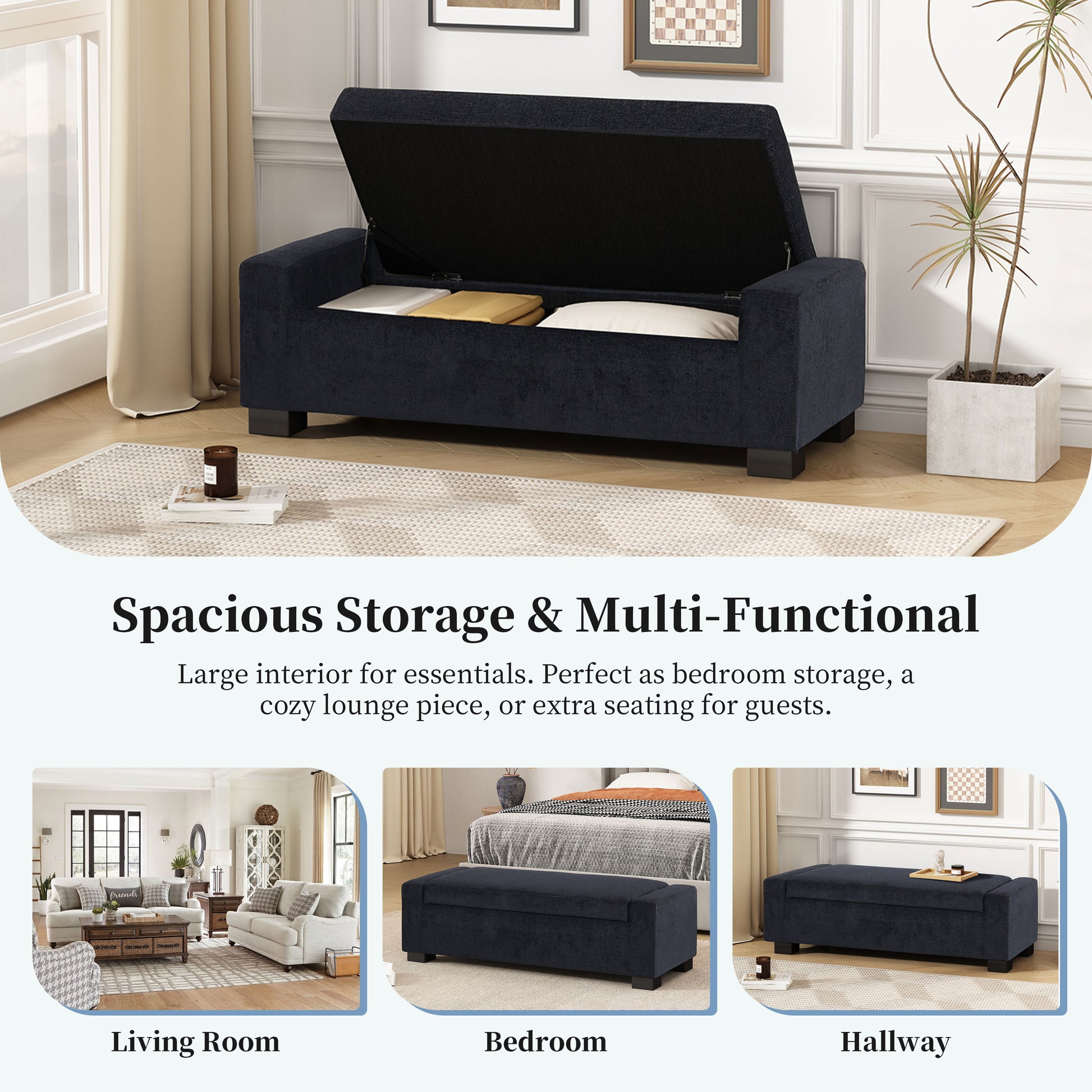 Dark navy fabric storage bench with lifted lid revealing interior storage