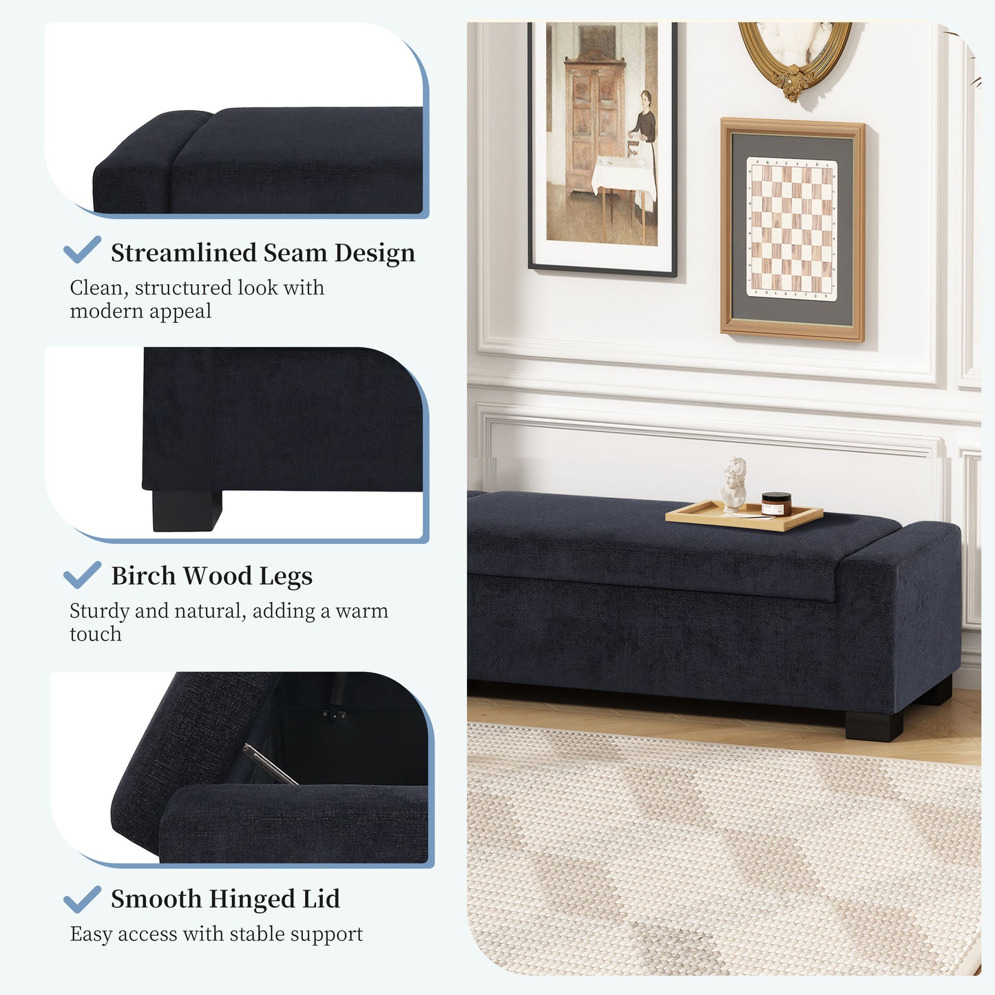 Dark blue velvet storage ottoman with streamlined seam design