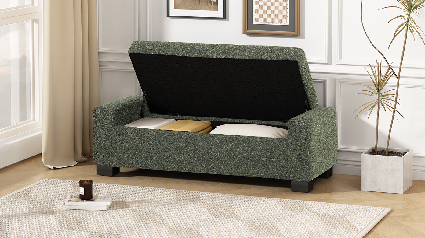 Green storage bench with lid open revealing cushions inside