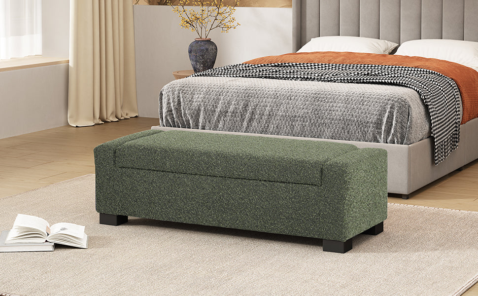 Green fabric storage bench with modern design