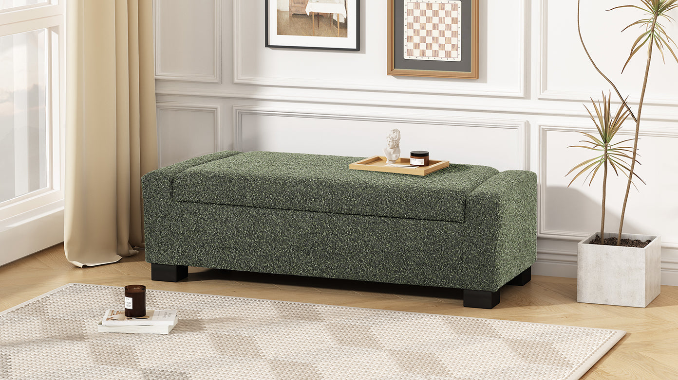 Textured green storage bench with wooden legs and a fliptop lid