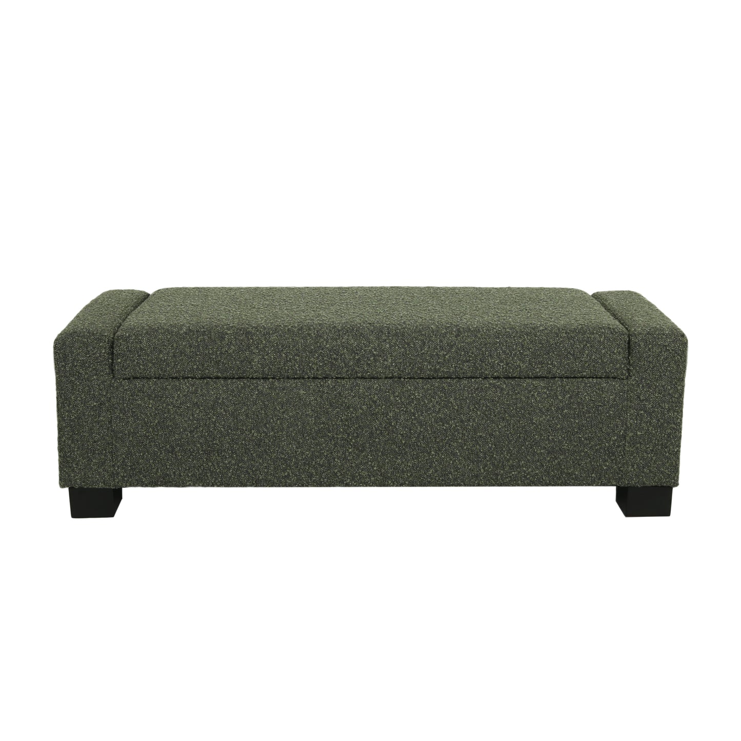Textured green storage ottoman with black block feet and a lifttop lid