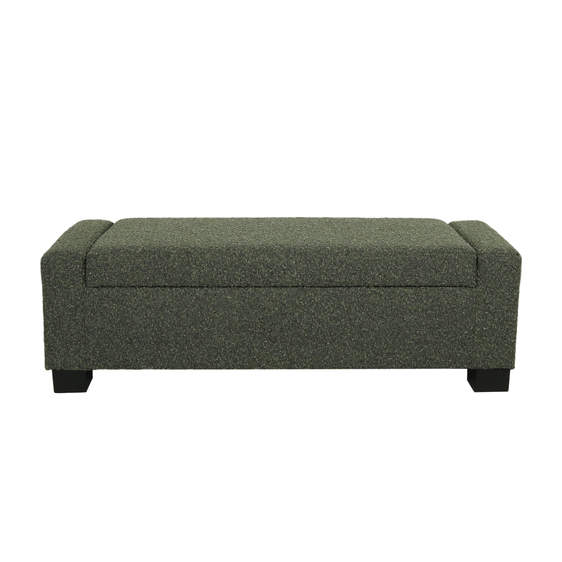 Textured green storage ottoman with black block feet and a lifttop lid