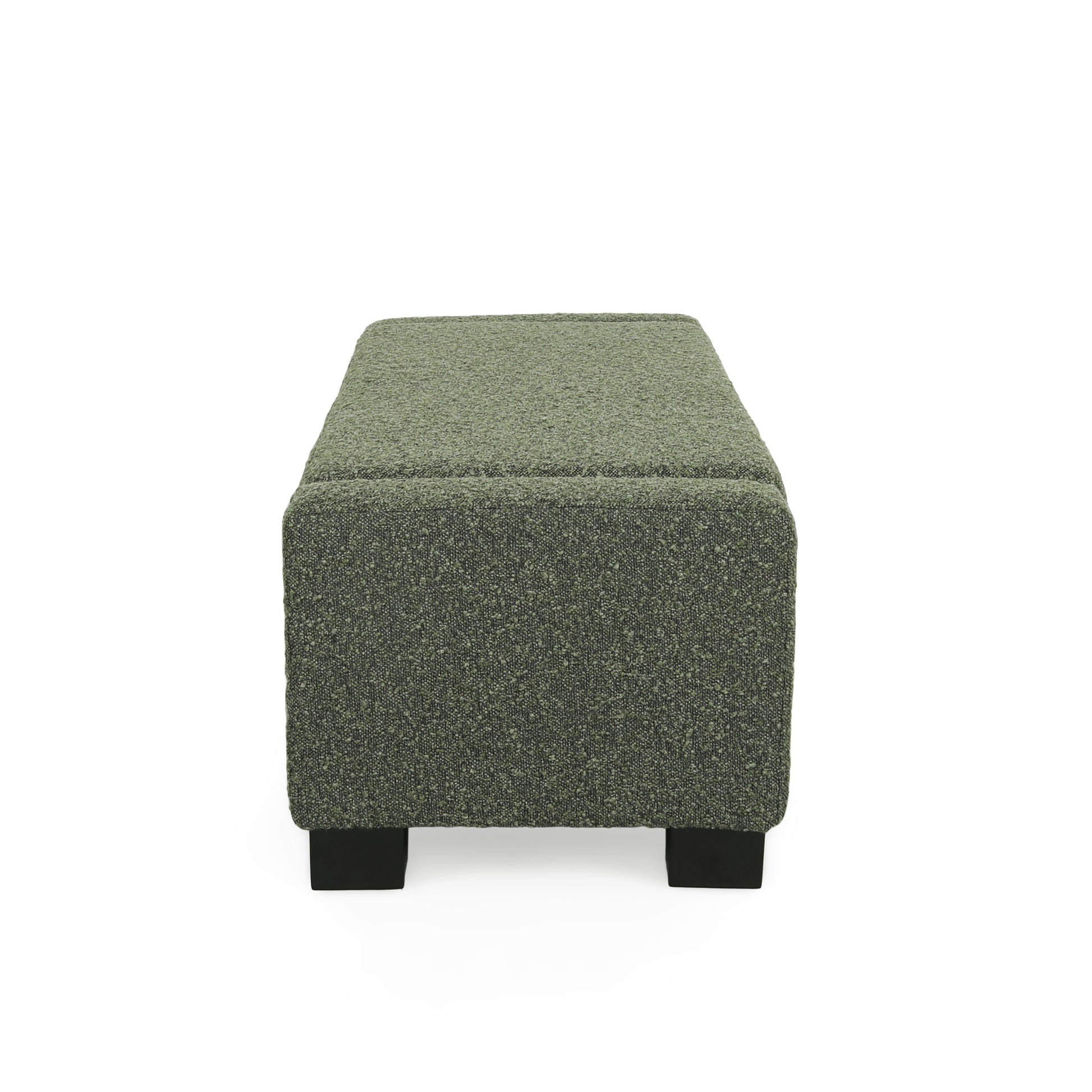 Textured green fabric ottoman with black block feet