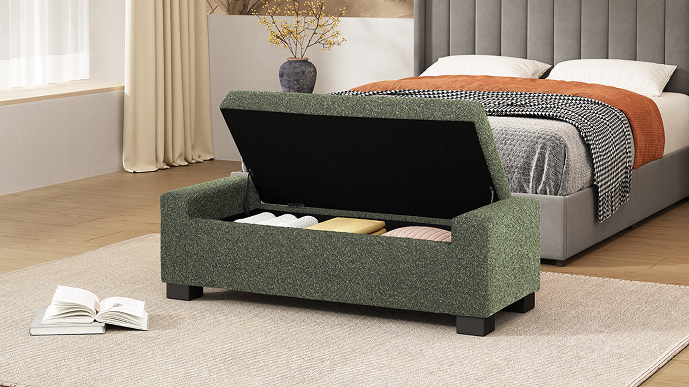 Green storage bench with lid open