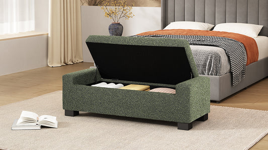 Green storage bench with lid open