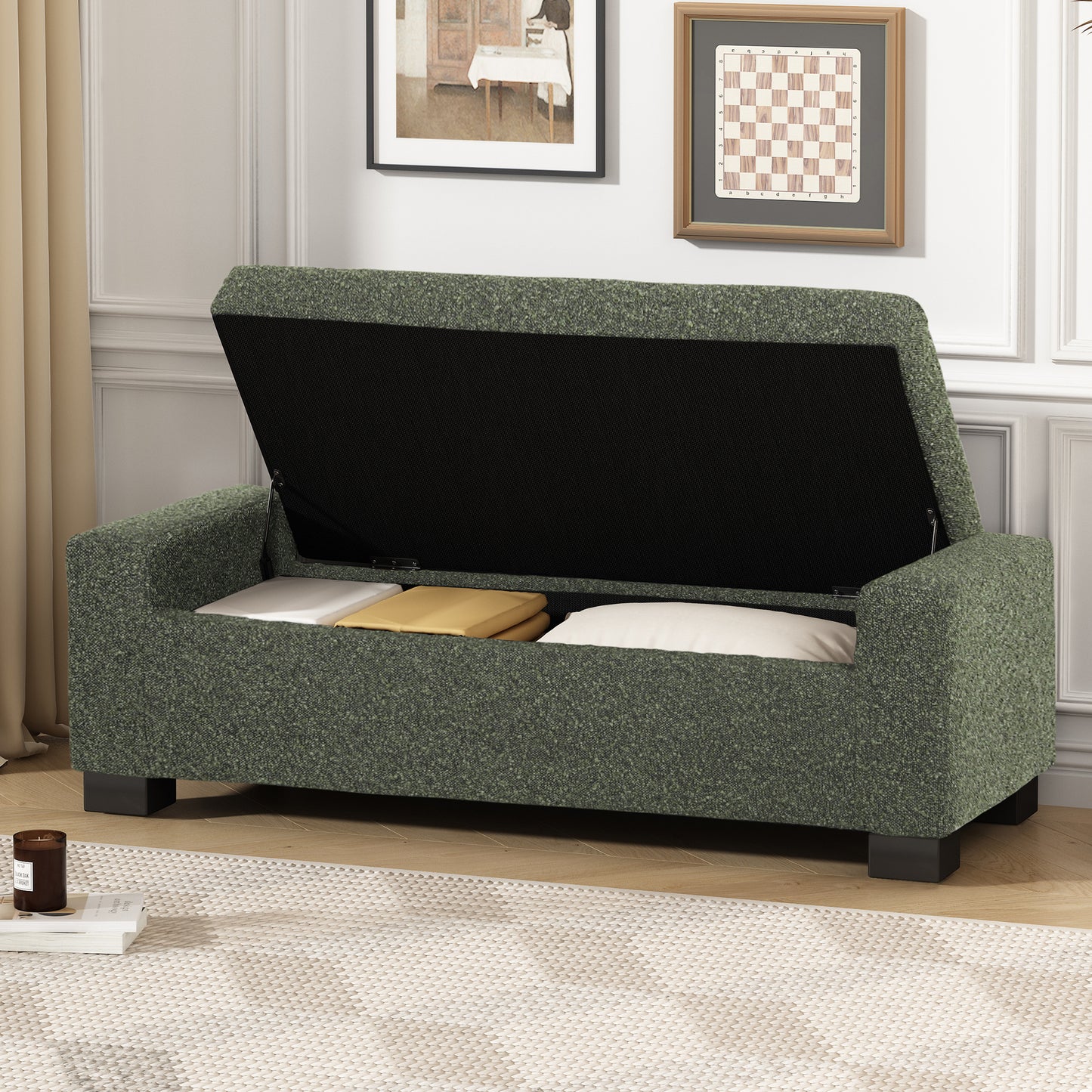 Green upholstered storage bench with lid open revealing hidden storage space