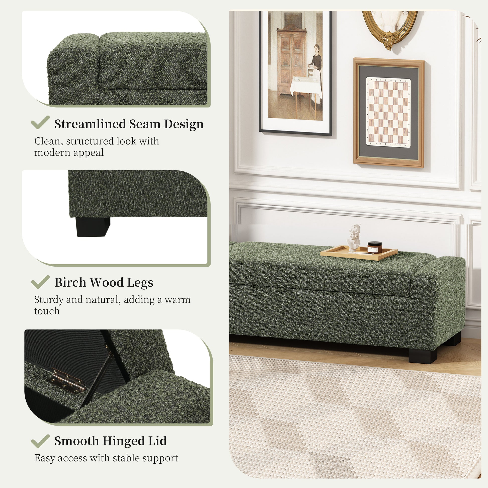 Green textured storage ottoman with streamlined seam design