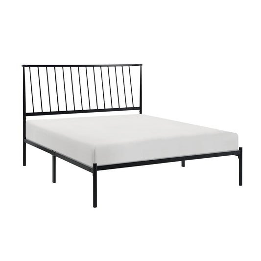 Black metal bed frame with modern slatted headboard and white mattress