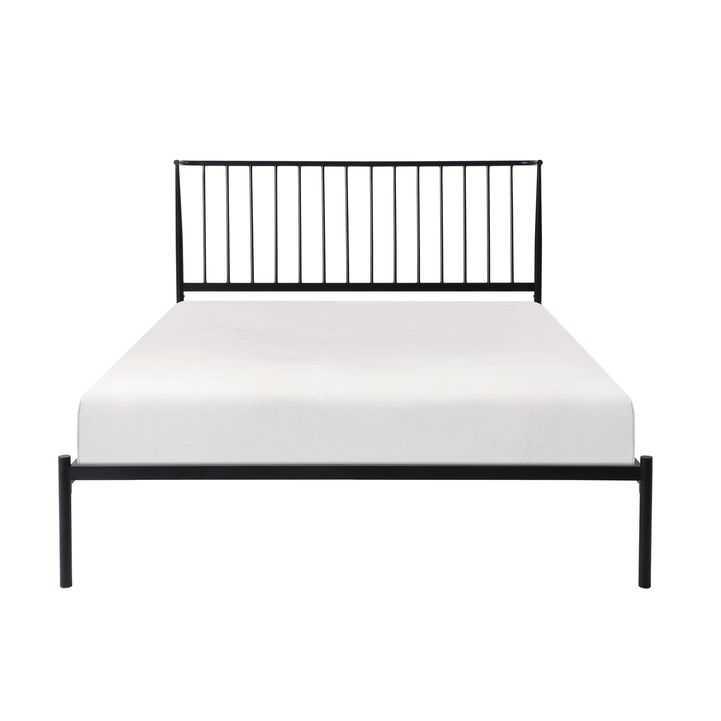 Black metal platform bed frame with vertical slats headboard and white mattress