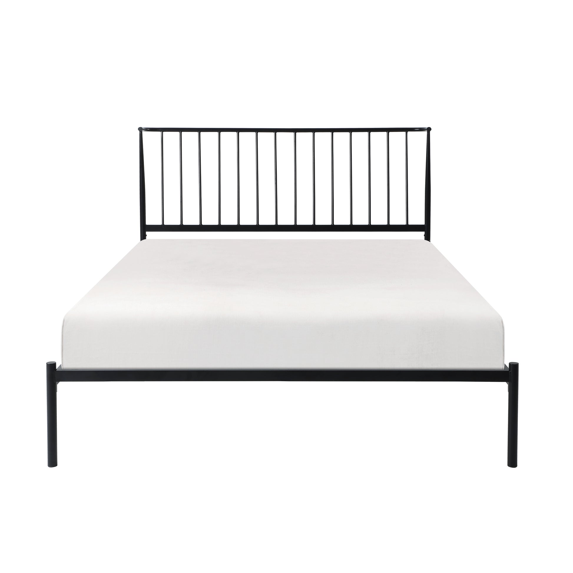 Black metal platform bed frame with vertical slats headboard and white mattress
