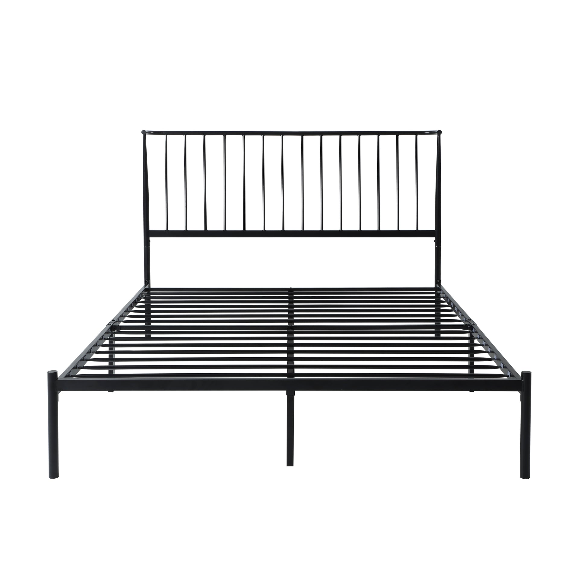 Black metal platform bed frame with vertical spindle headboard and supportive slats