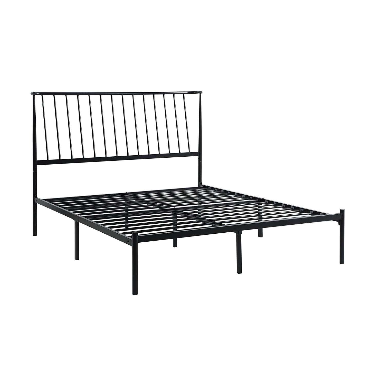 Black metal bed frame with a slatted headboard and platform base