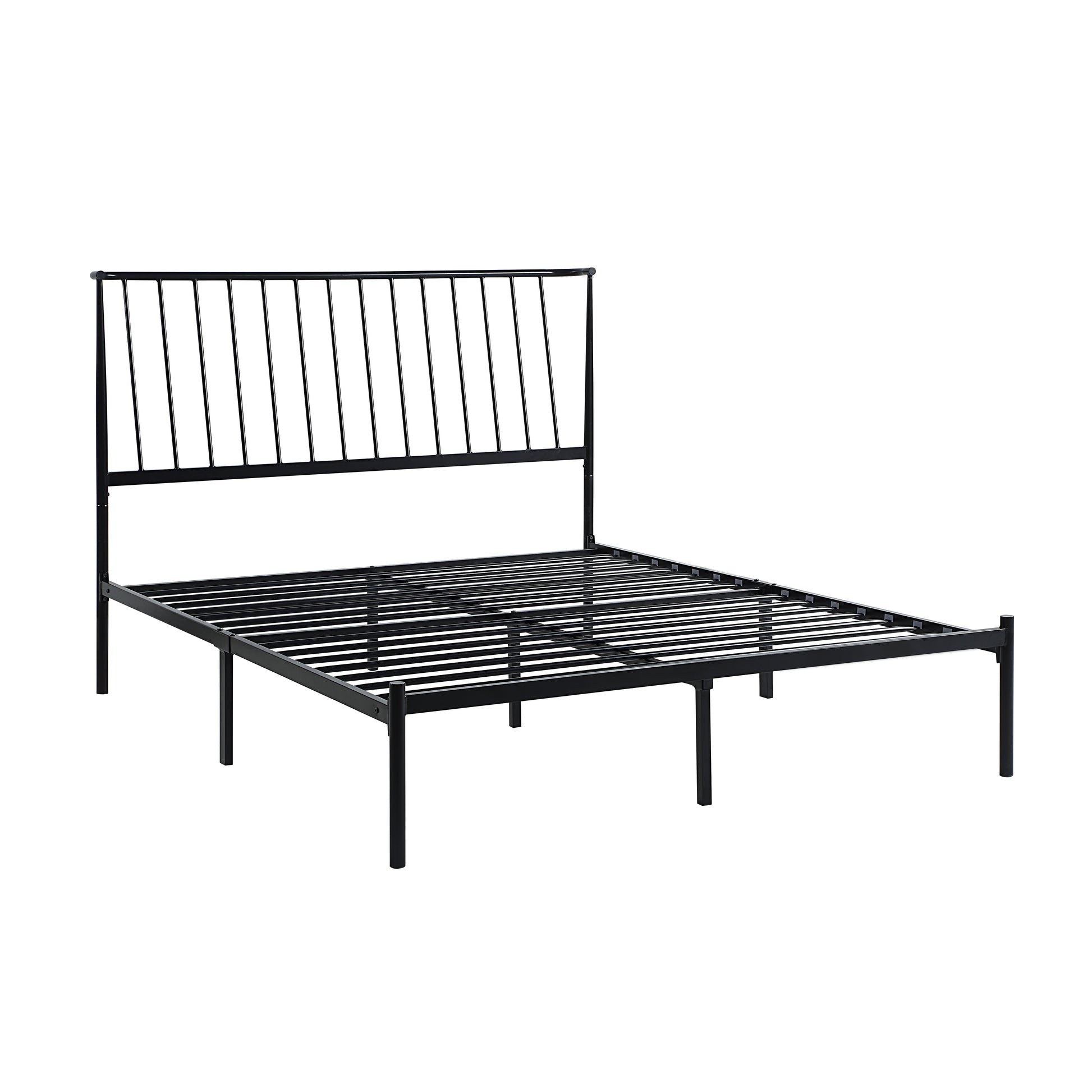 Black metal bed frame with a slatted headboard and platform base