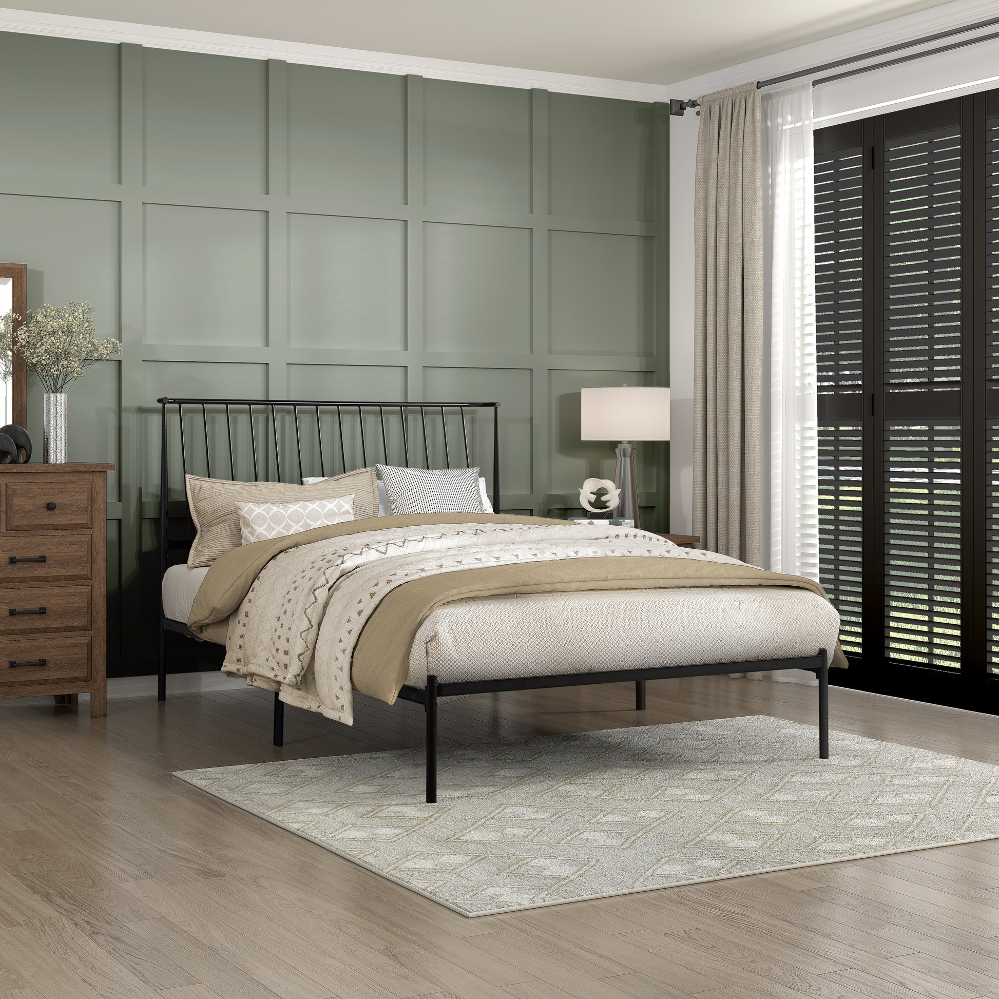 Black metal frame queen bed with modern minimalist headboard
