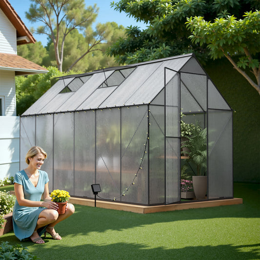 Clear polycarbonate and dark frame greenhouse with garden plants inside