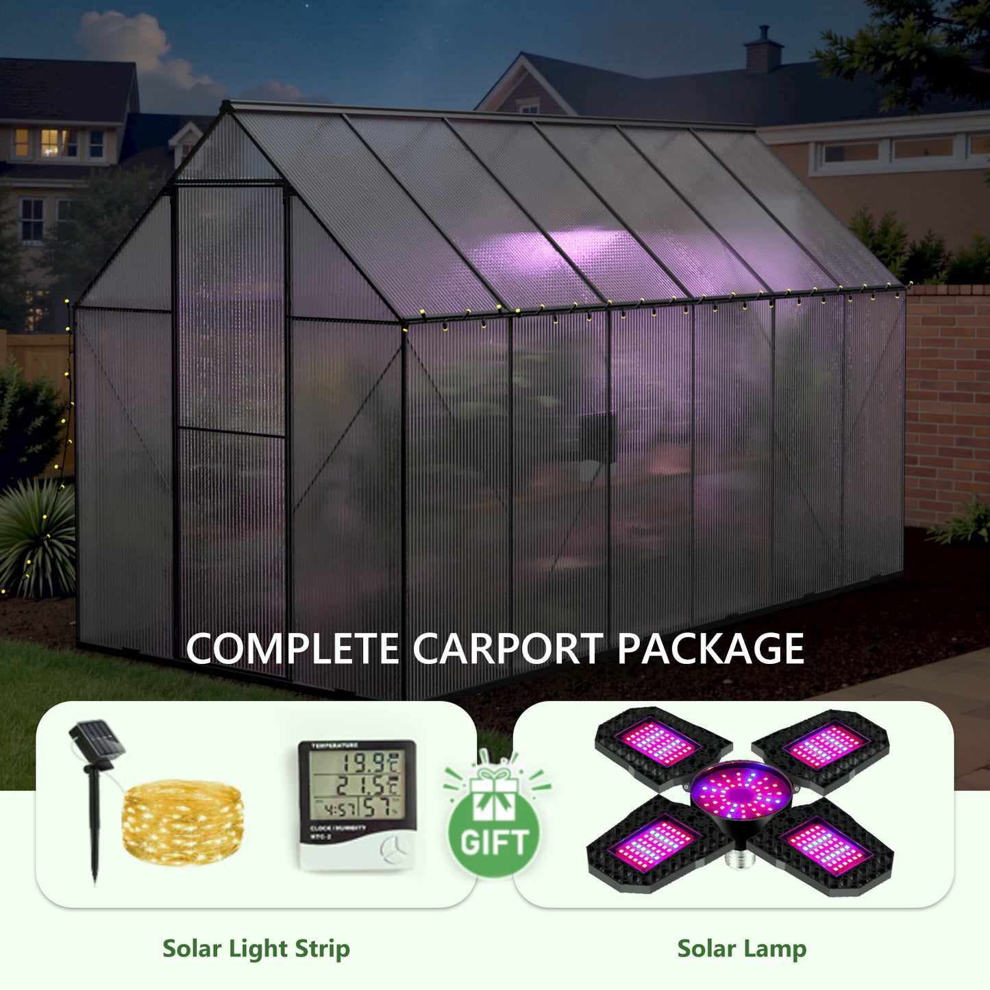 Clear plastic greenhouse with dark frame illuminated by purple grow lights at night