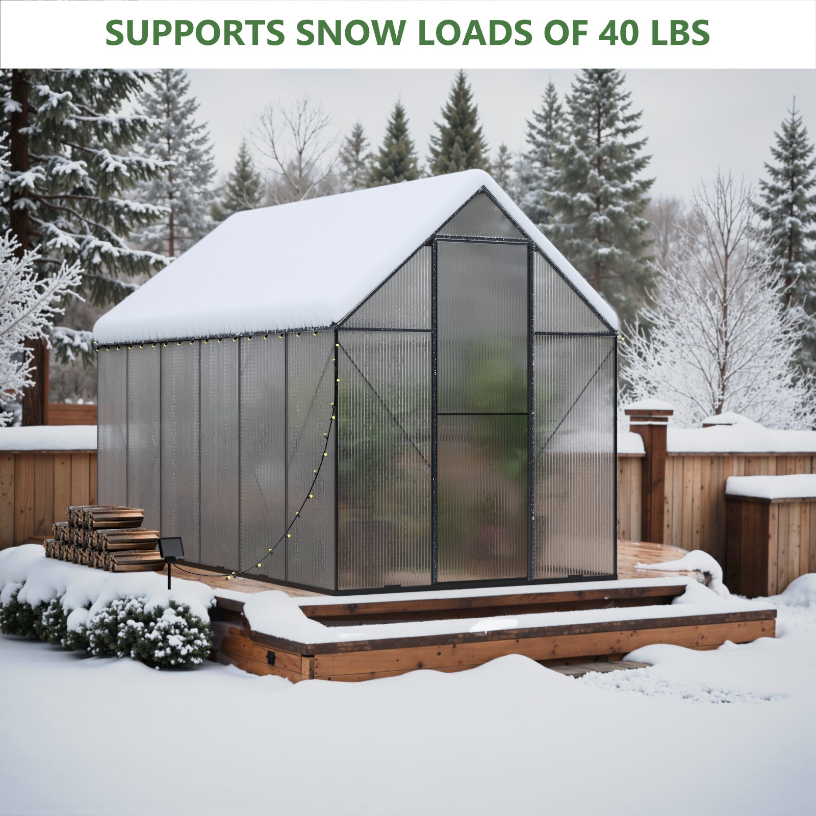 Winter greenhouse with snowcovered roof and polycarbonate panels