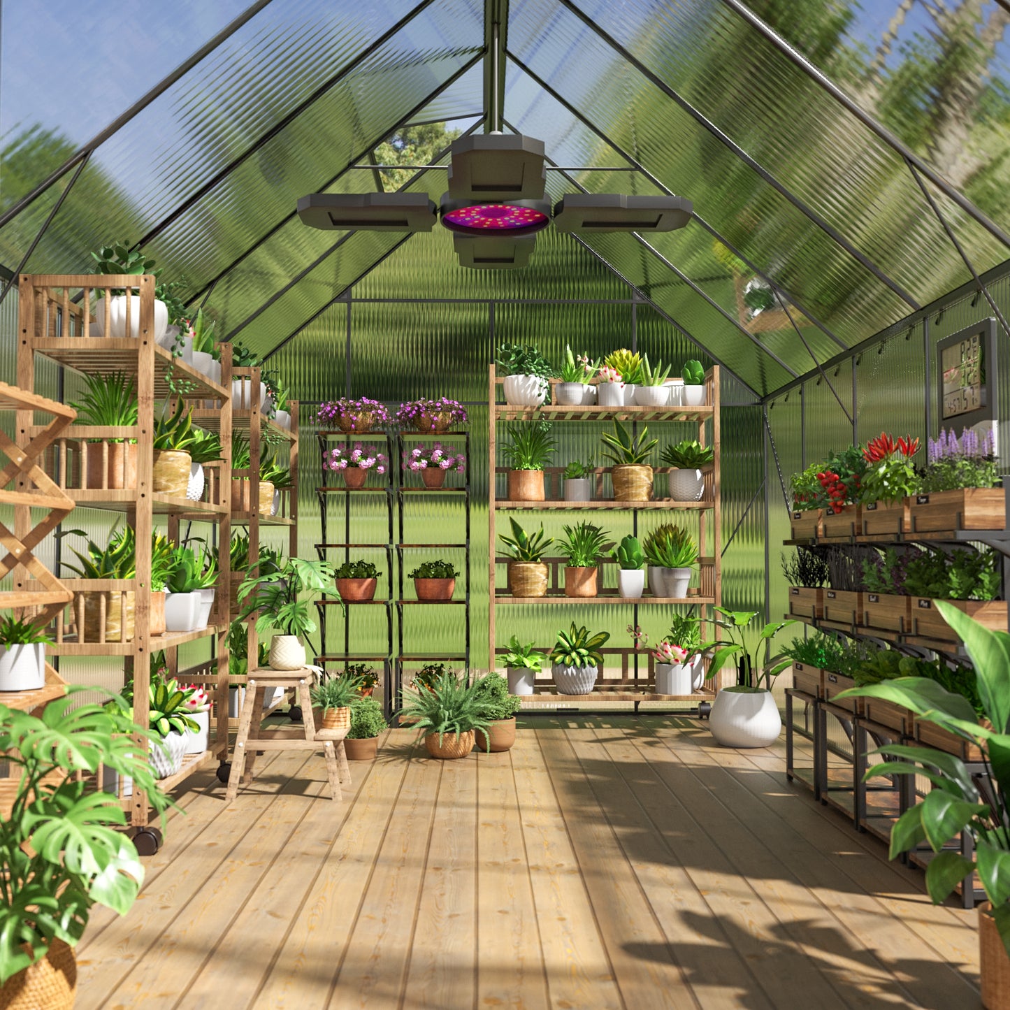 Grow lights illuminating vibrant plants inside a spacious greenhouse