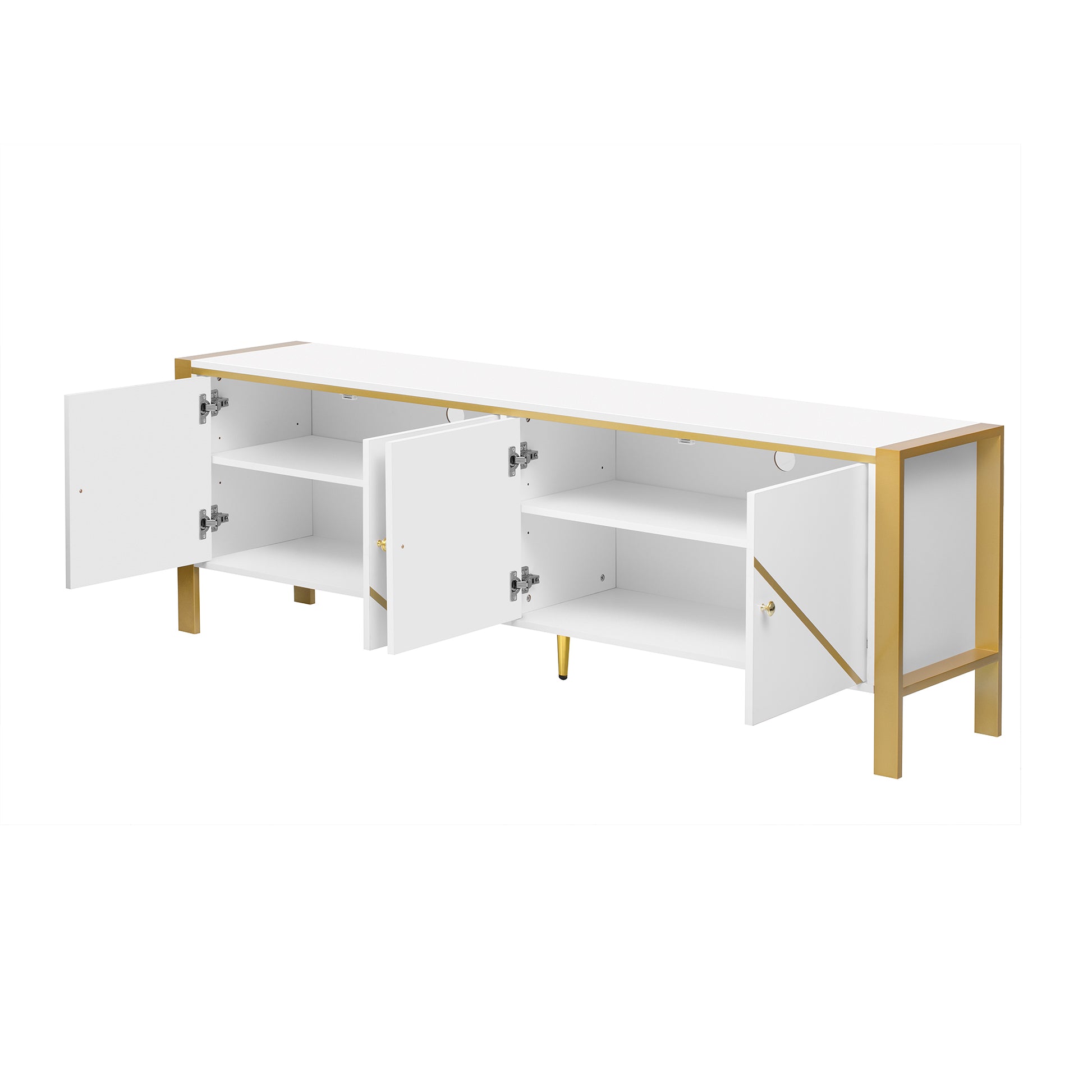 White media console with gold accents and open doors revealing shelves