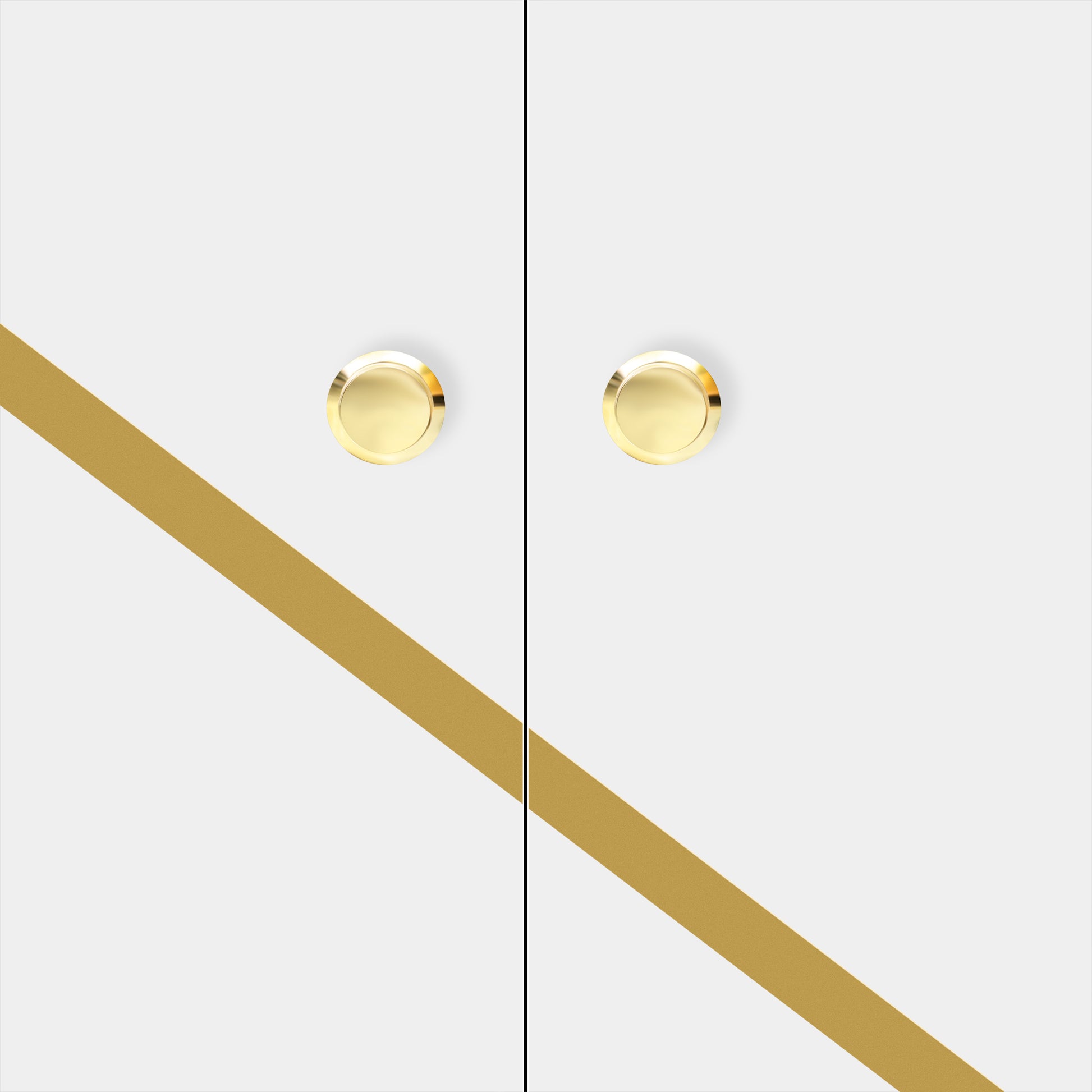 White minimalist cabinet doors with gold circular handles and a gold diagonal stripe accent