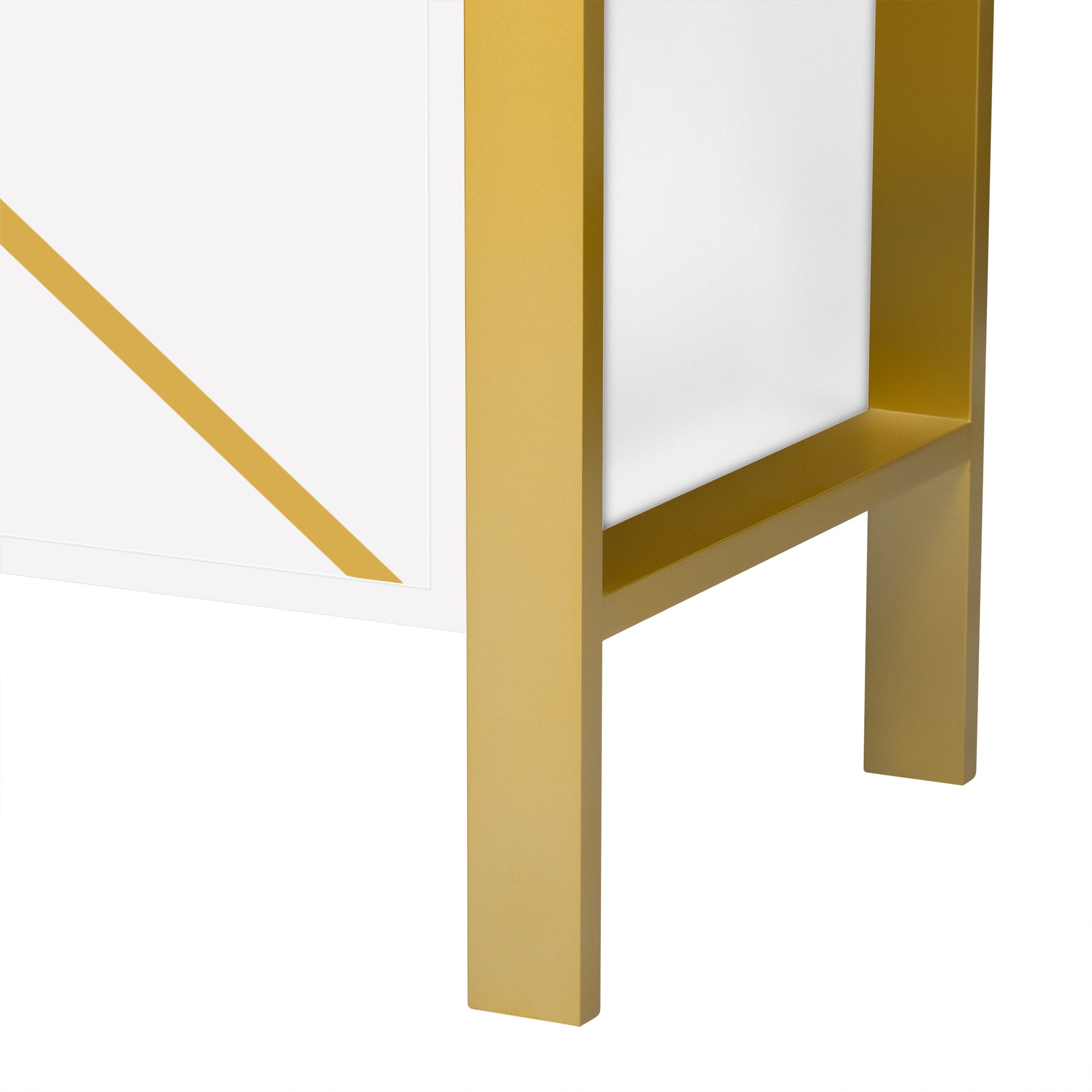 Closeup of white cabinet with gold metal frame and diagonal accent