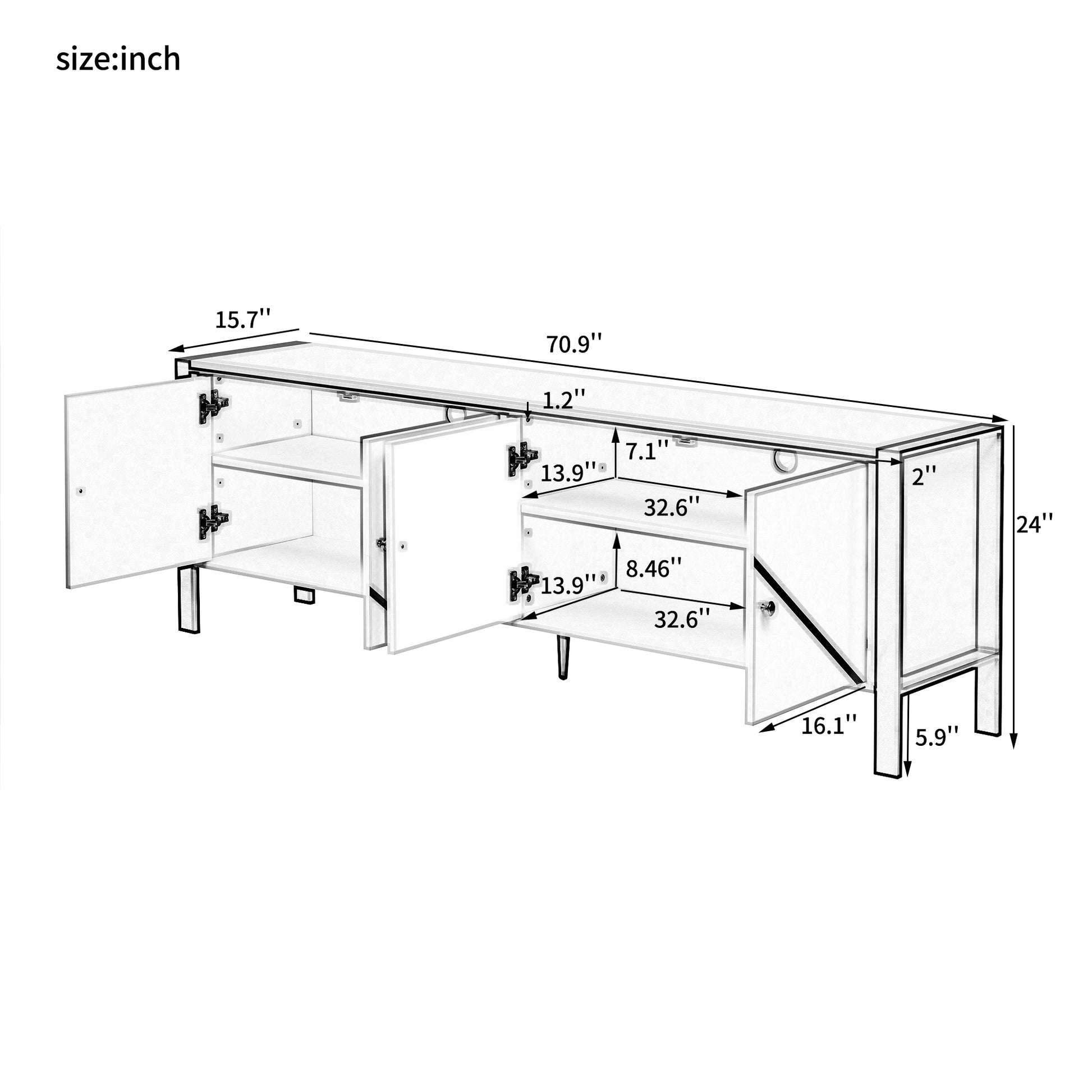 Line drawing of a  inch wide TV stand with measurements