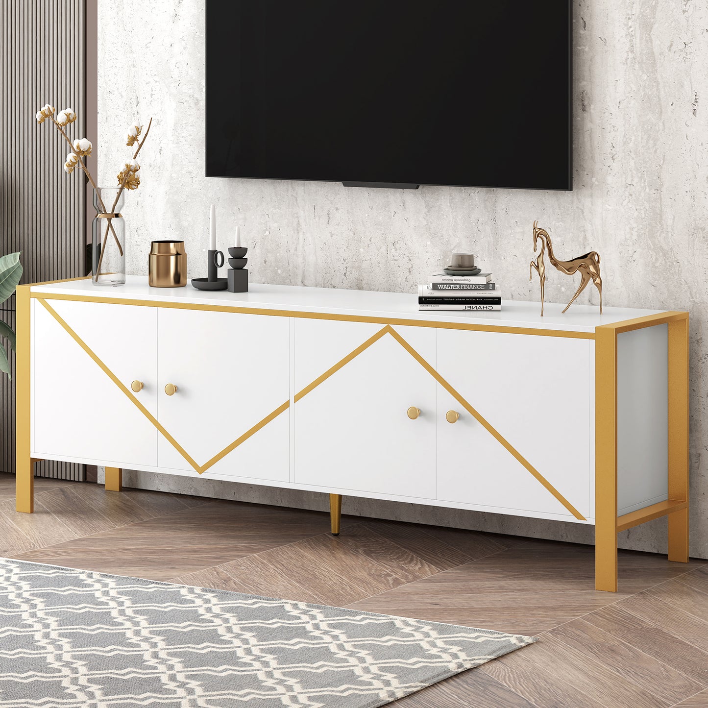 White media console with gold accents and geometric pattern