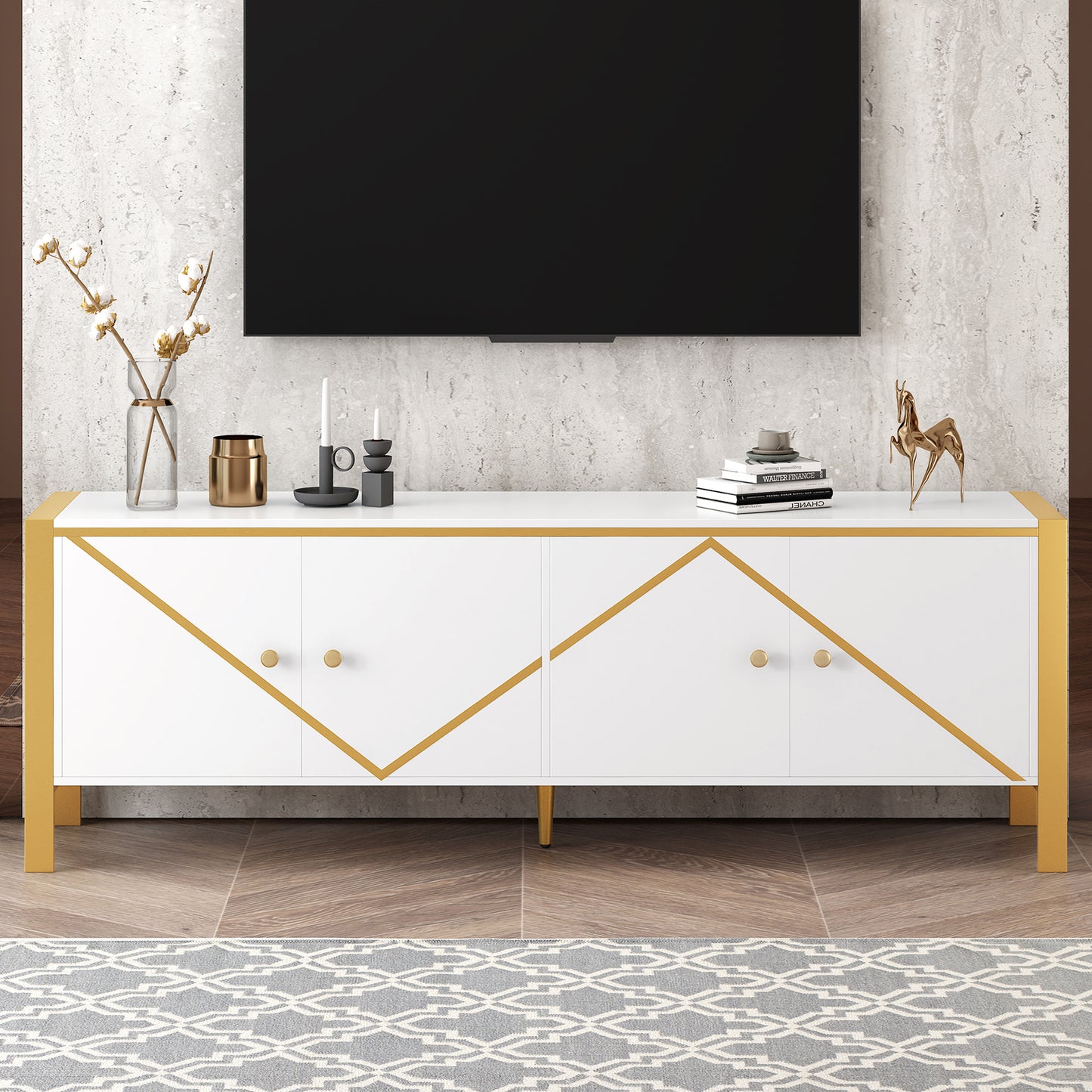White and gold media console with geometric design