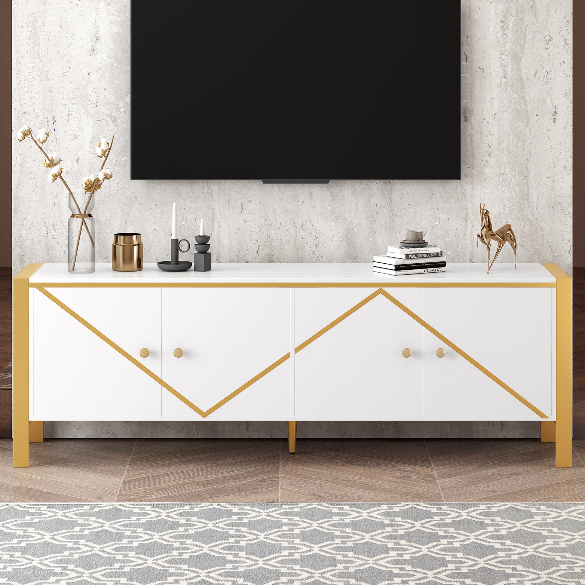 White and gold media console with geometric design