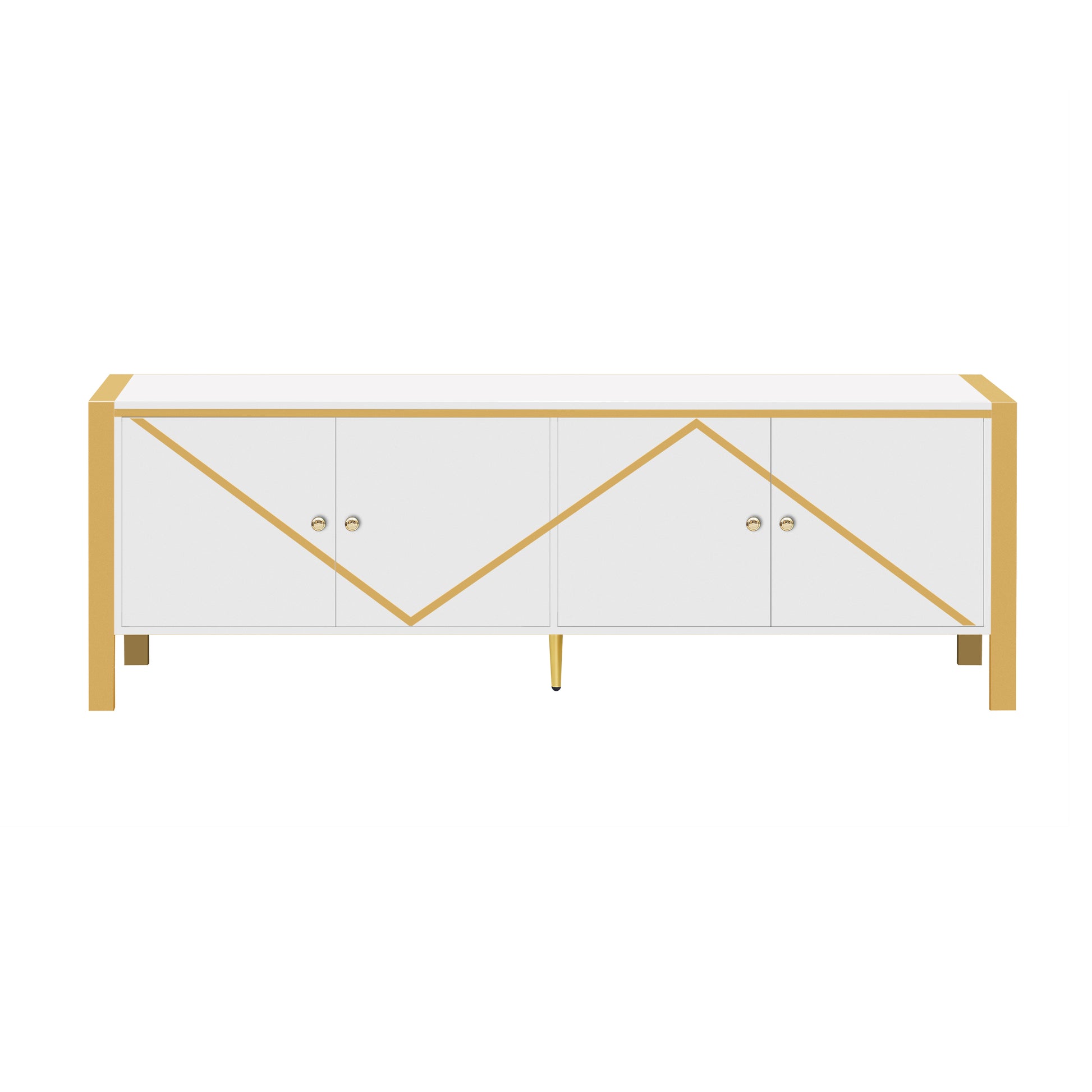 White credenza with gold geometric accents and four doors