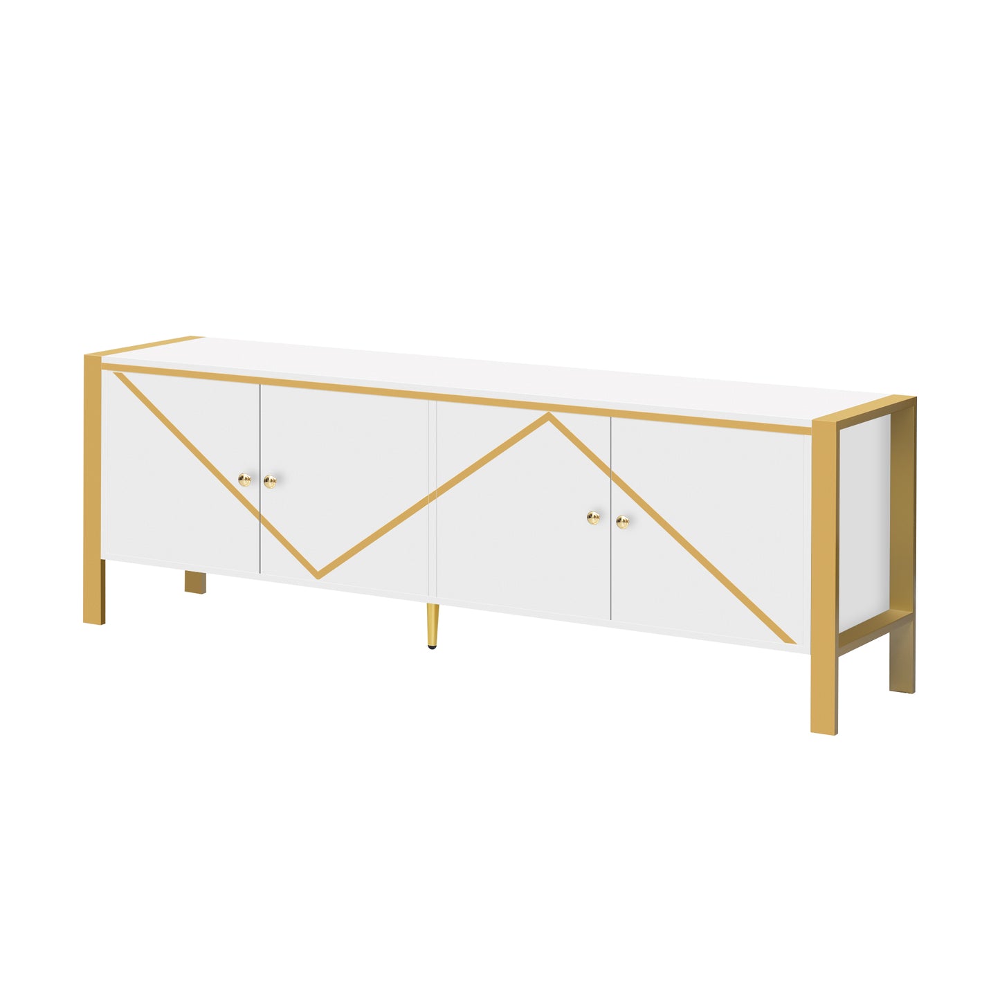 White buffet sideboard with gold geometric accents and gold hardware