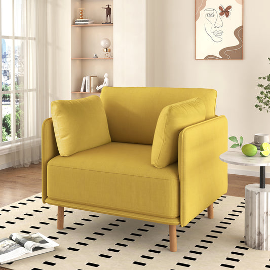 Yellow fabric armchair with plush cushions and wooden legs
