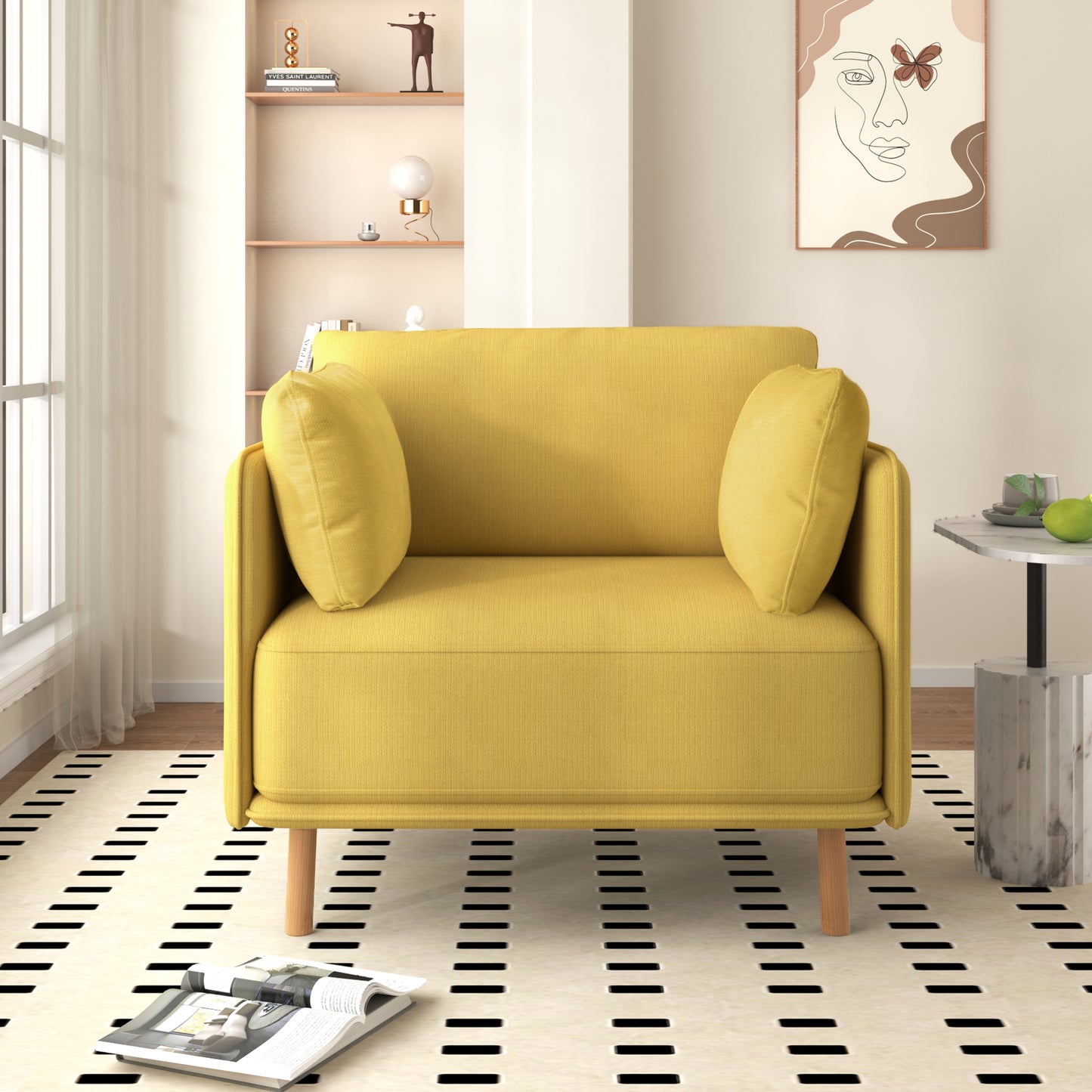 Yellow fabric accent chair with two cushions