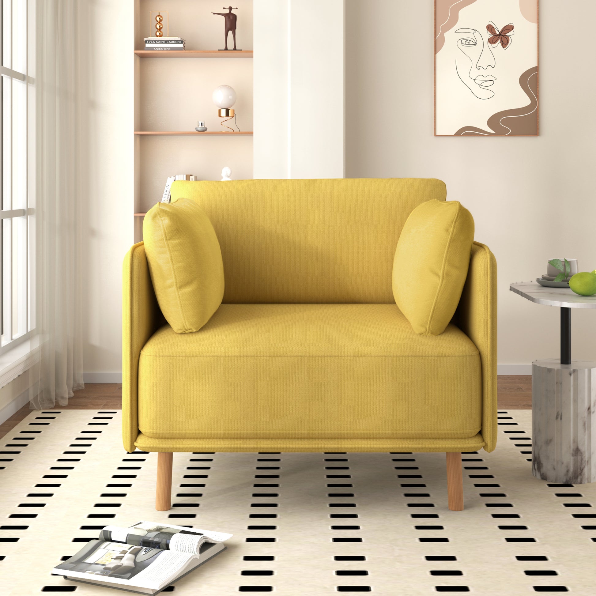Yellow fabric accent chair with two cushions