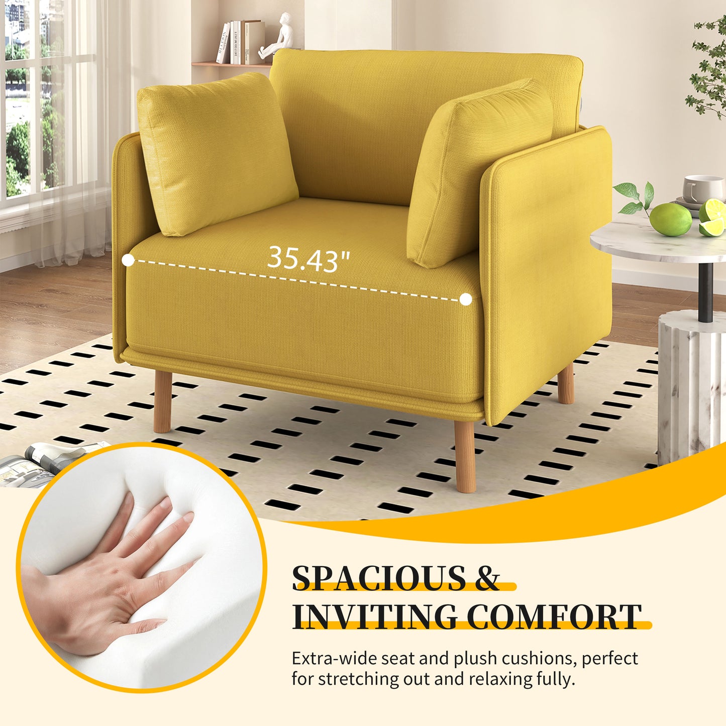 Yellow modern accent chair with plush cushions and wooden legs