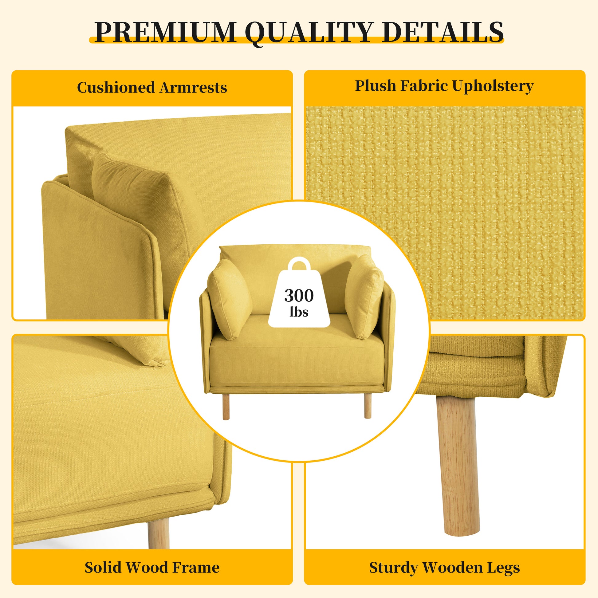 Yellow plush fabric armchair with cushioned armrests and sturdy wooden legs