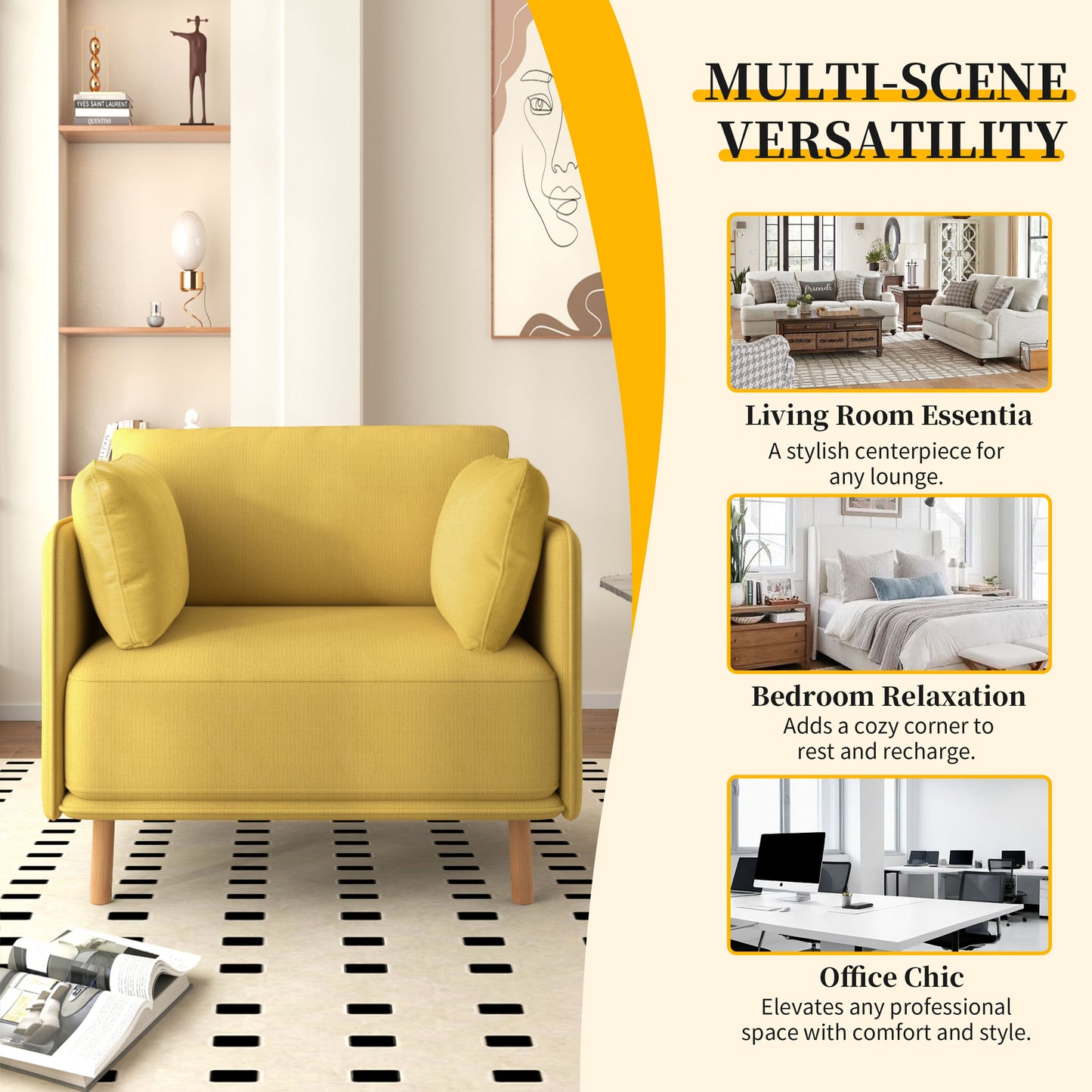 Modern yellow fabric armchair with plush cushions and wooden legs