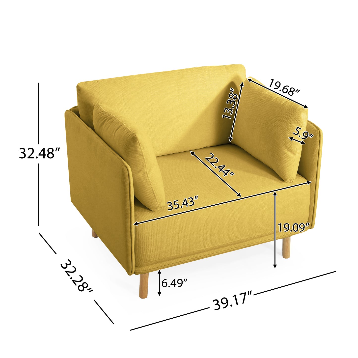 Yellow fabric accent chair with comfortable seat cushion and throw pillow