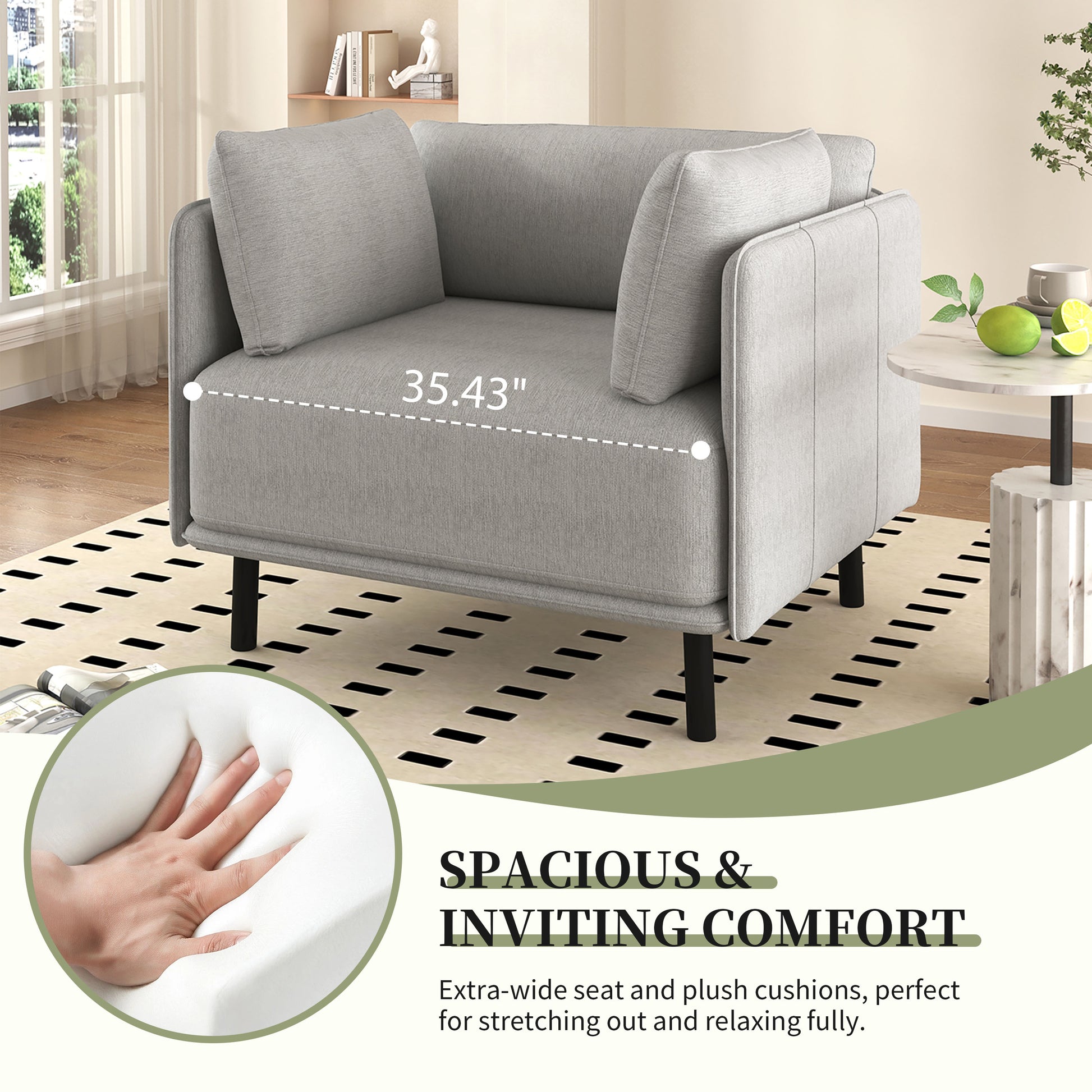 Gray fabric accent chair with plush cushions and modern black legs