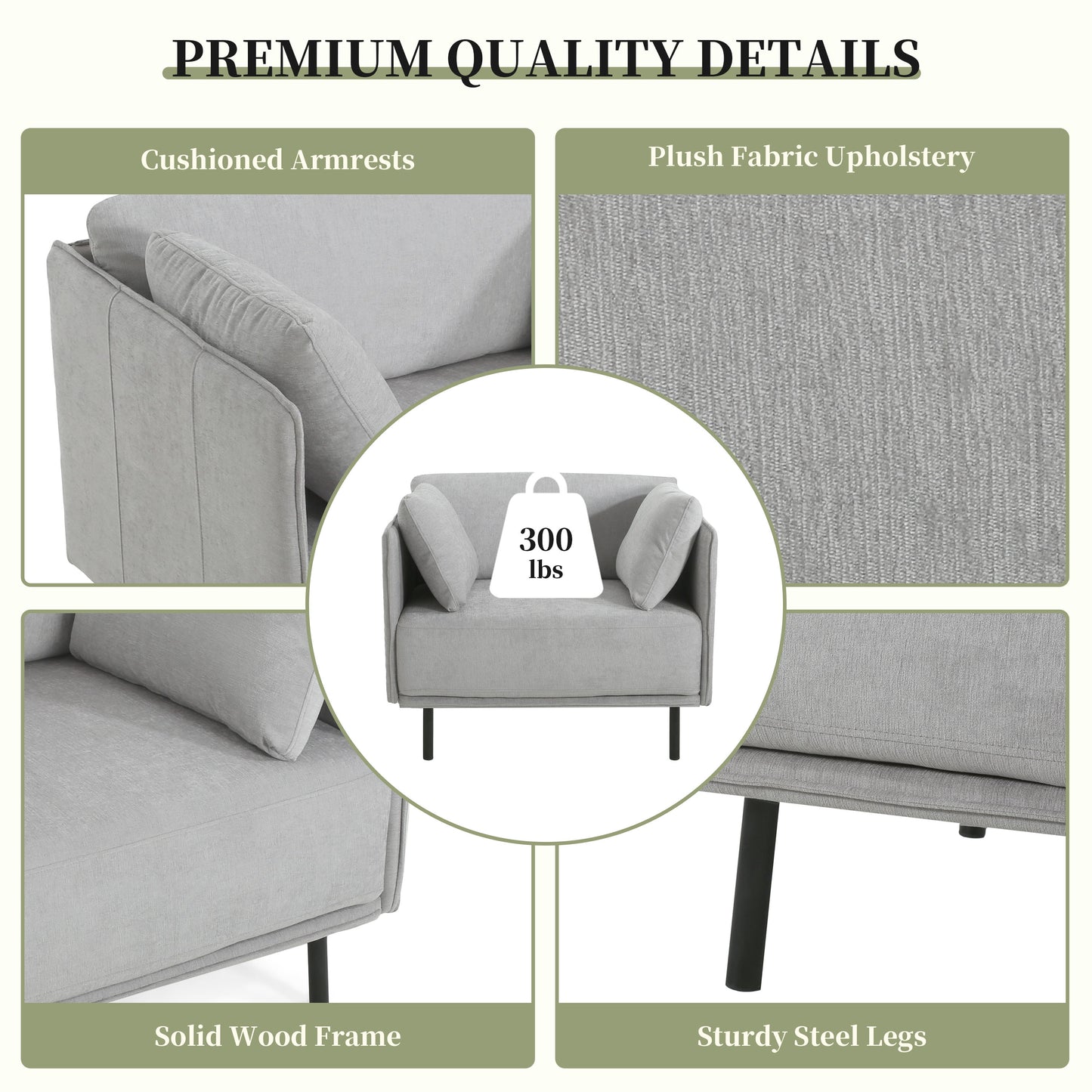 Light grey loveseat with plush fabric upholstery and padded armrests