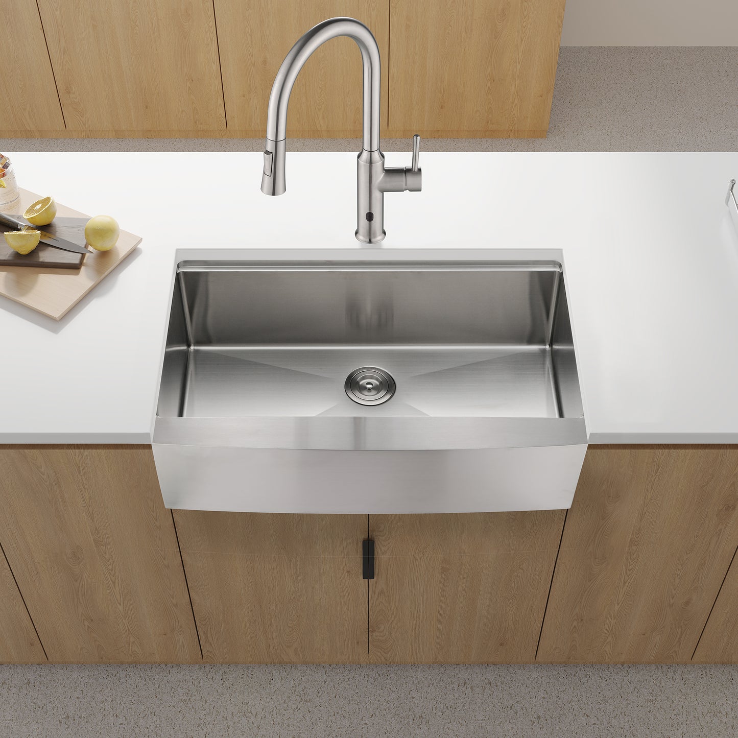 Stainless steel farmhouse sink with pulldown faucet