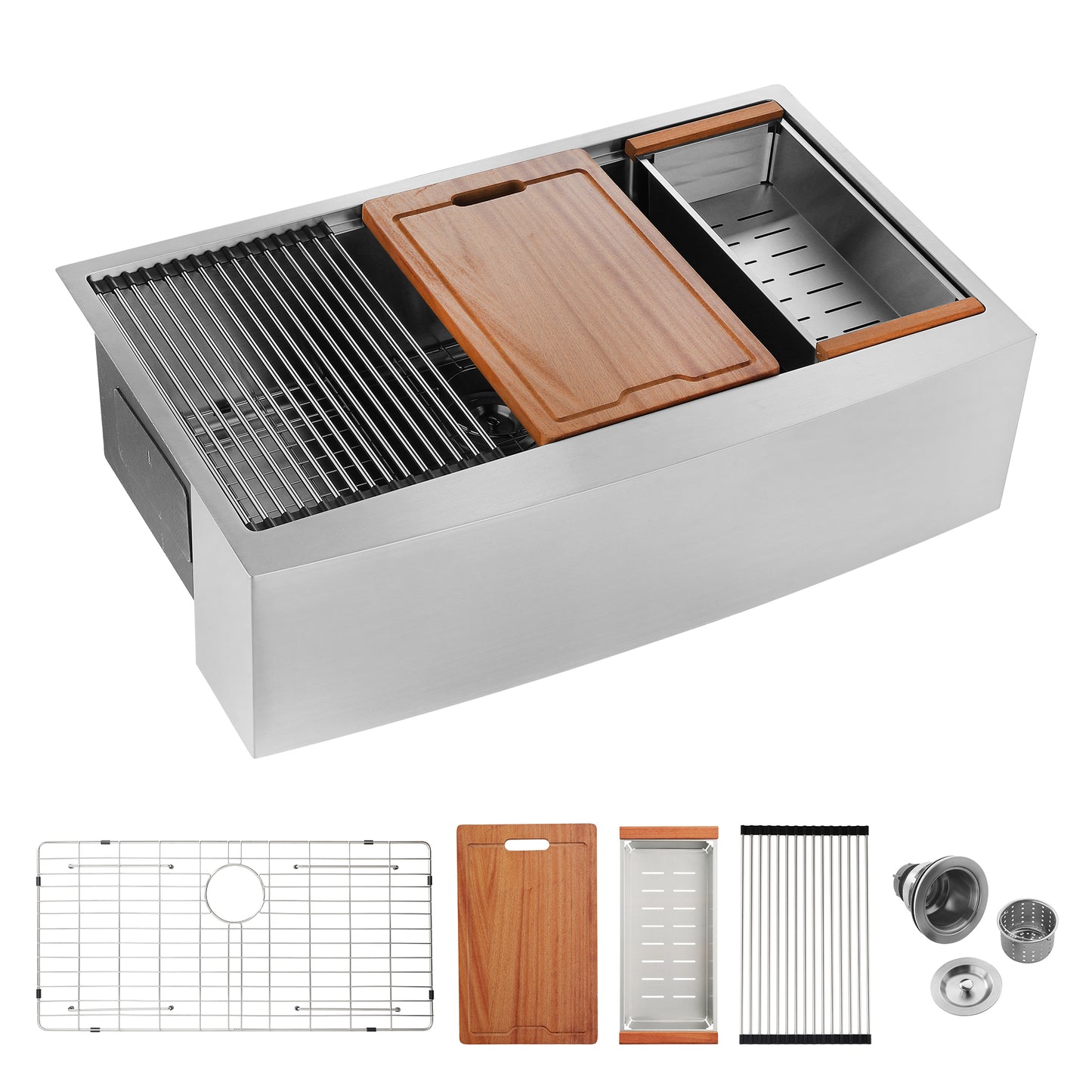 Stainless steel farmhouse sink with integrated cutting board and drying rack