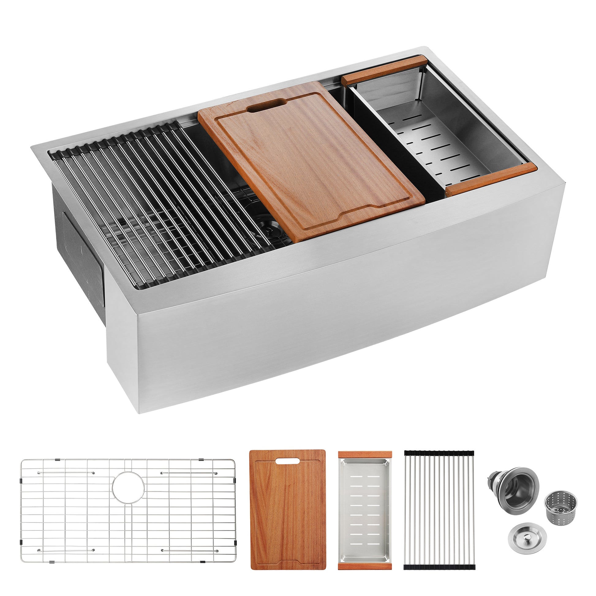 Stainless steel farmhouse sink with integrated cutting board and drying rack
