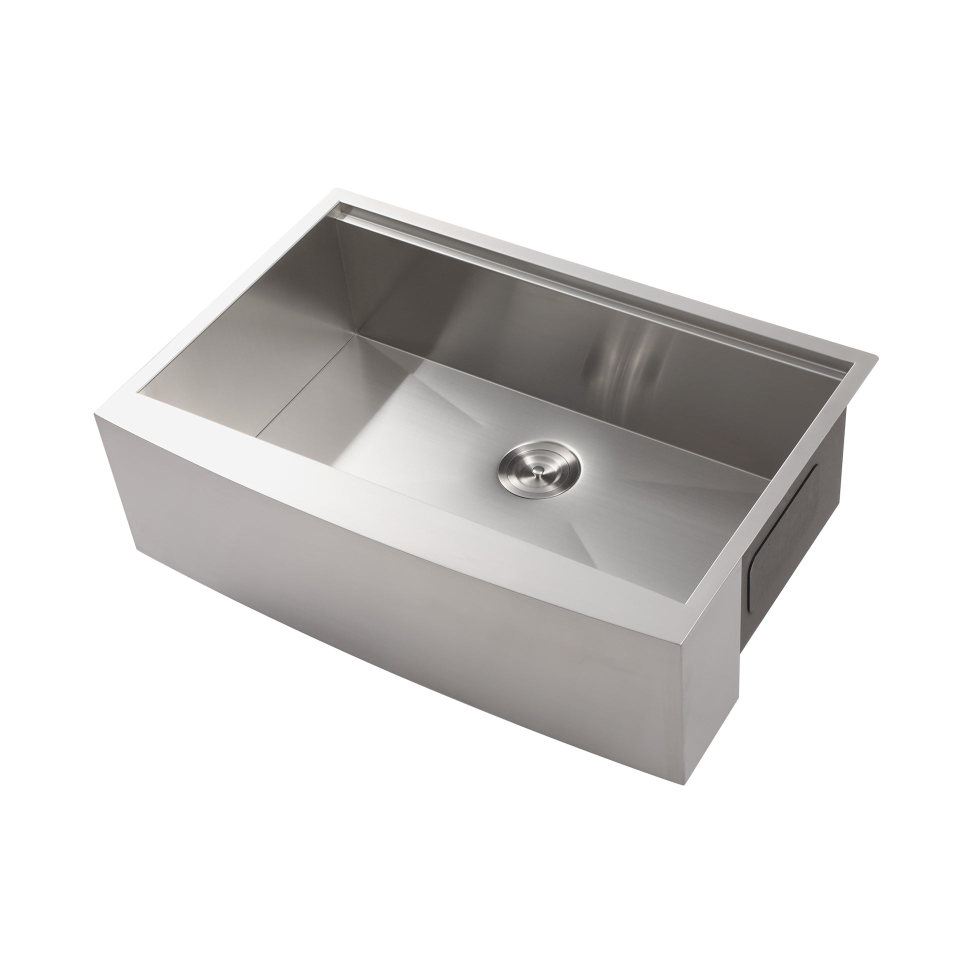 Stainless steel farmhouse sink with a satin finish and integrated drain