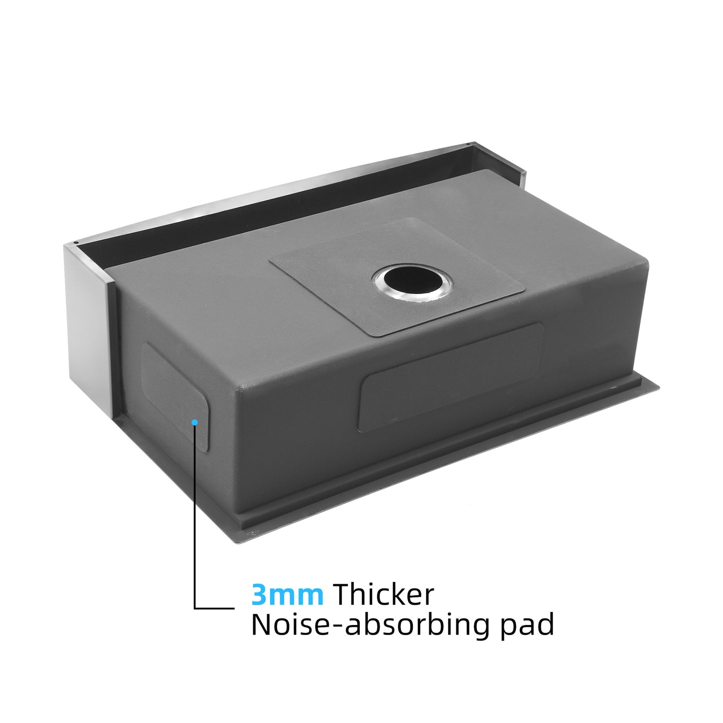 Stainless steel kitchen sink with noiseabsorbing pad