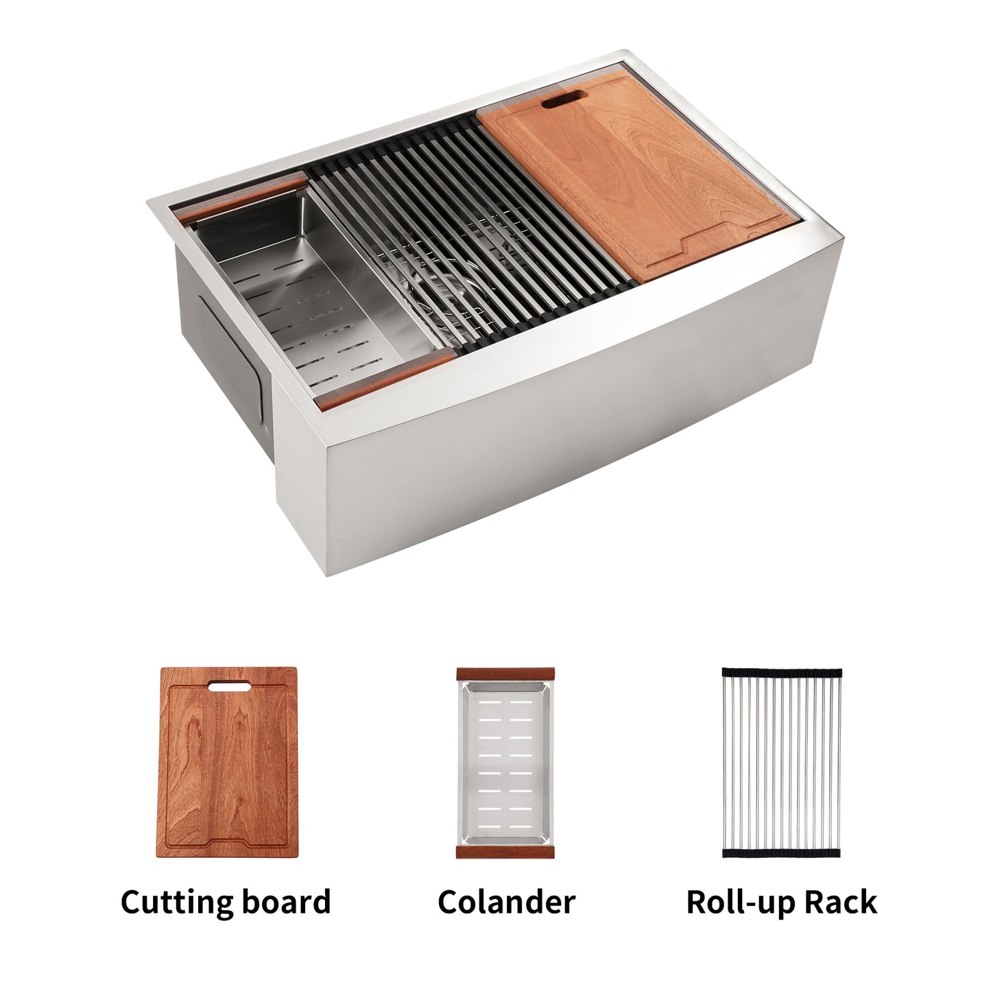 Stainless steel farmhouse sink with integrated wooden cutting board and drying rack