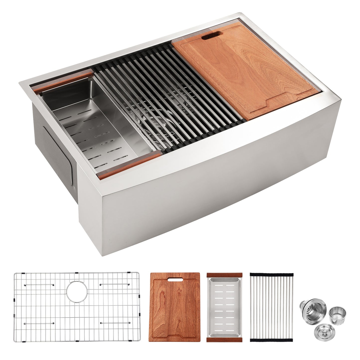 Stainless steel apron sink with integrated cutting board and rack