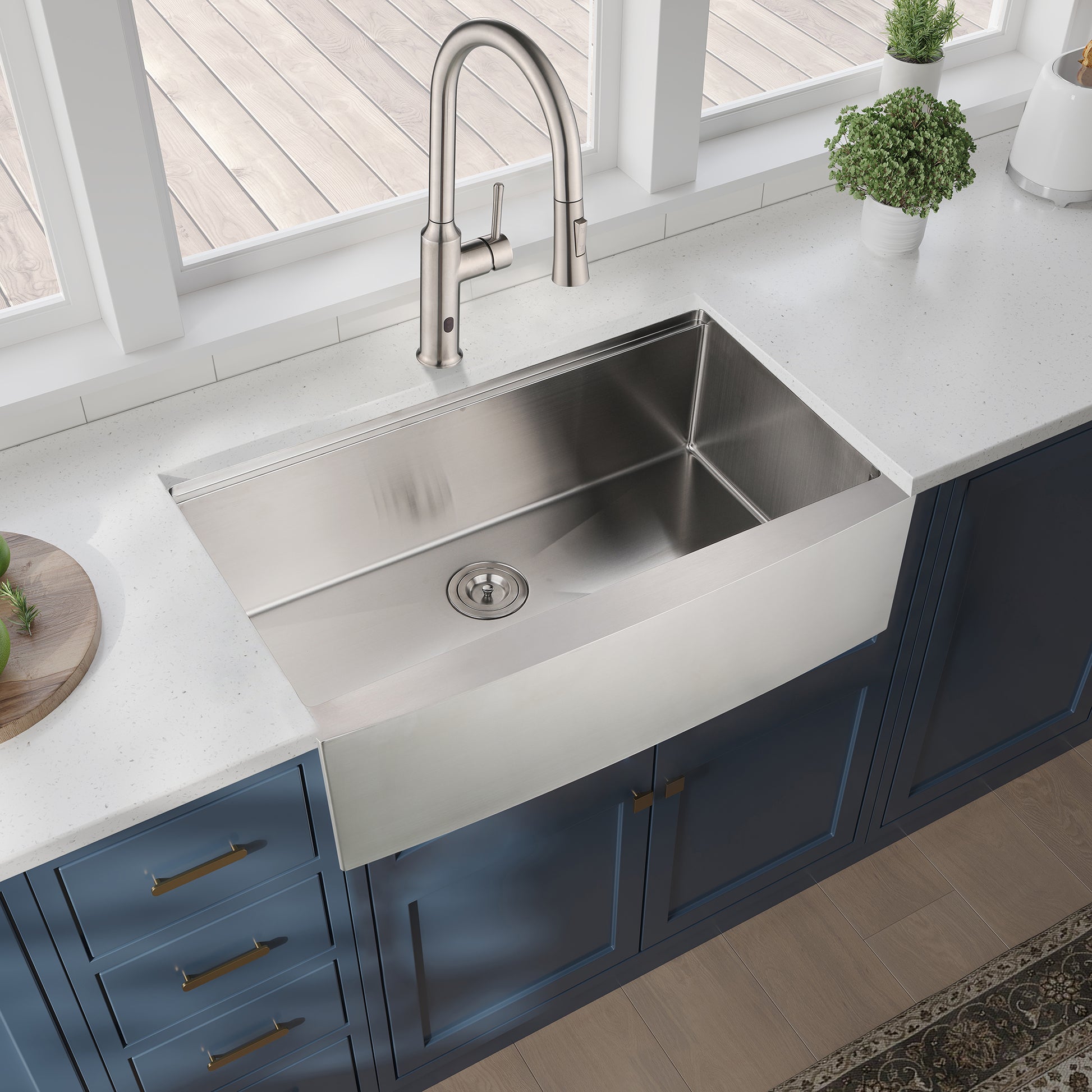 Stainless steel apron front kitchen sink with pulldown faucet